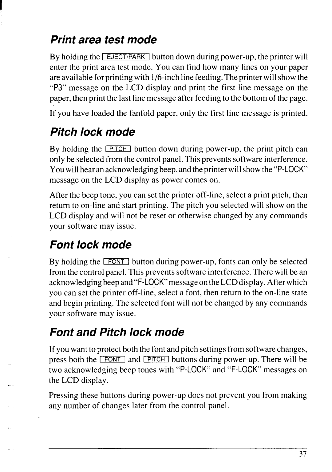 Star Micronics LC24-20 user manual Print area test mode, Font lock mode, Font and Pitch lock mode 