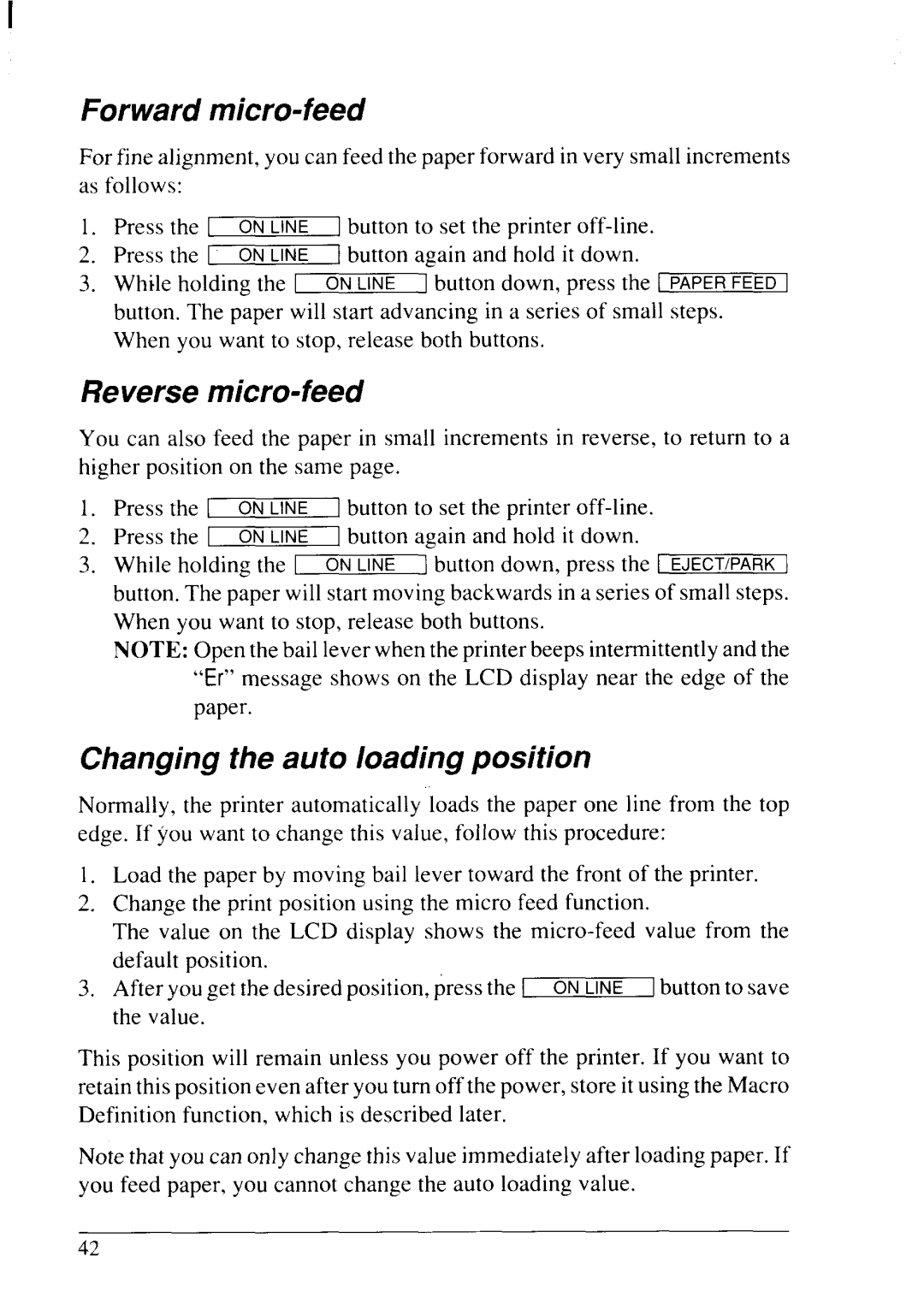 Star Micronics LC24-20 user manual Forward micro-feed, Reverse micro-feed, Changing the auto loading position 