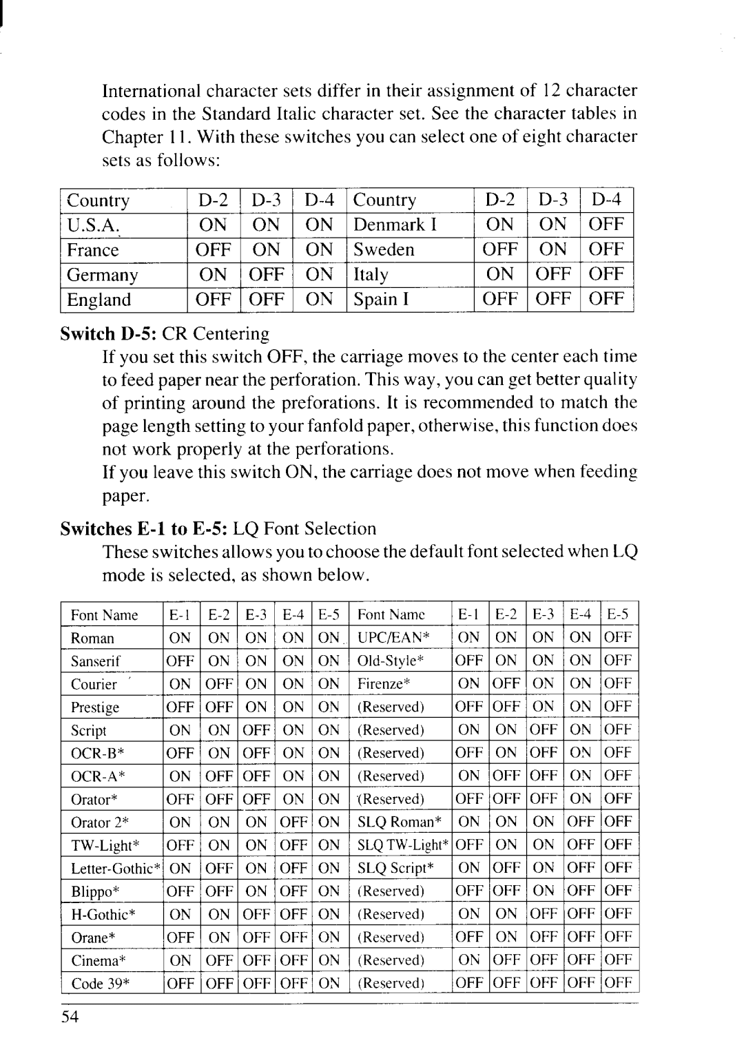 Star Micronics LC24-20 user manual Switches E-1 to E-5 LQ Font Selection 