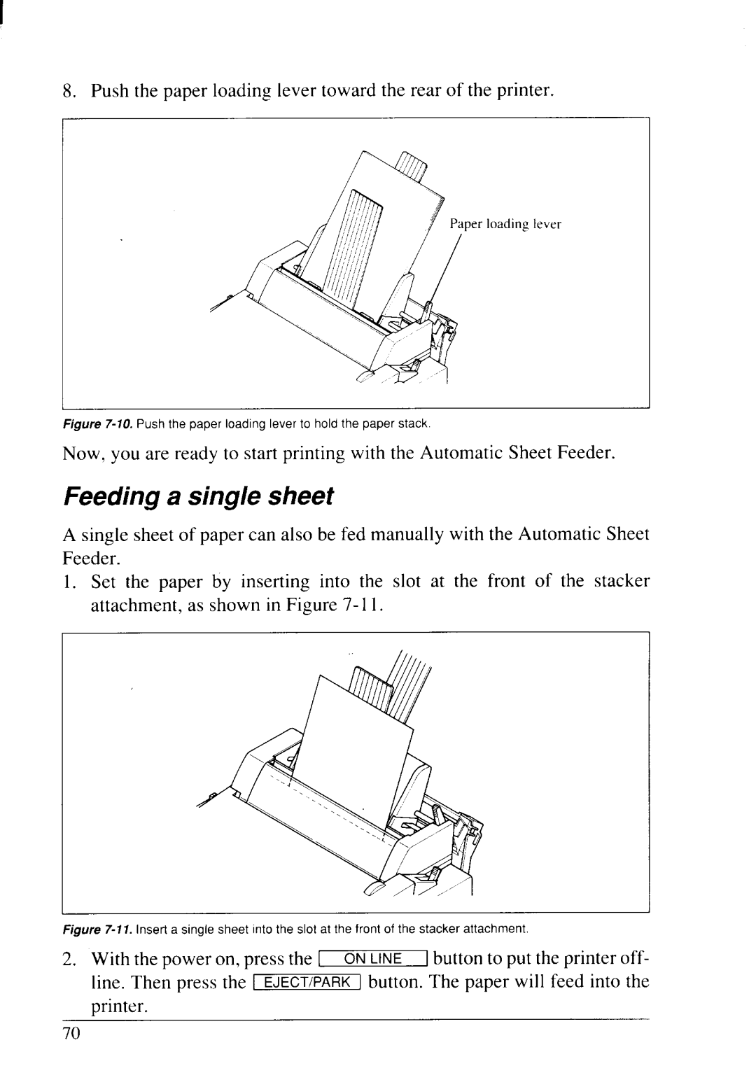 Star Micronics LC24-20 user manual Feeding a single sheet, Push the paper loading lever to hold the paper stack 