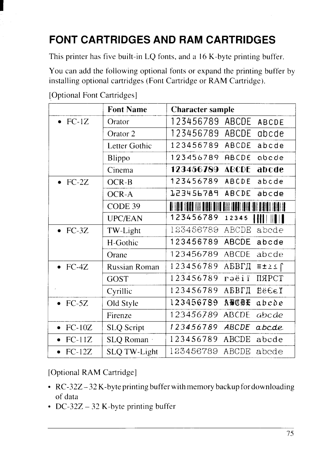 Star Micronics LC24-20 user manual Font Cartridges and RAM Cartridges, Font Name 