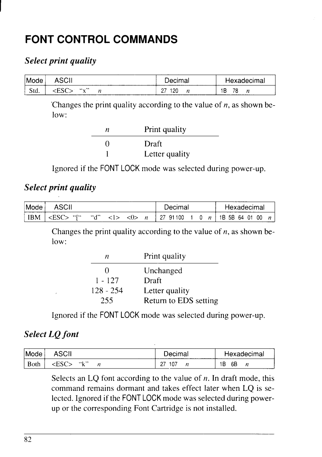 Star Micronics LC24-20 user manual Font Control Commands, Select print quality, Select LQ font 