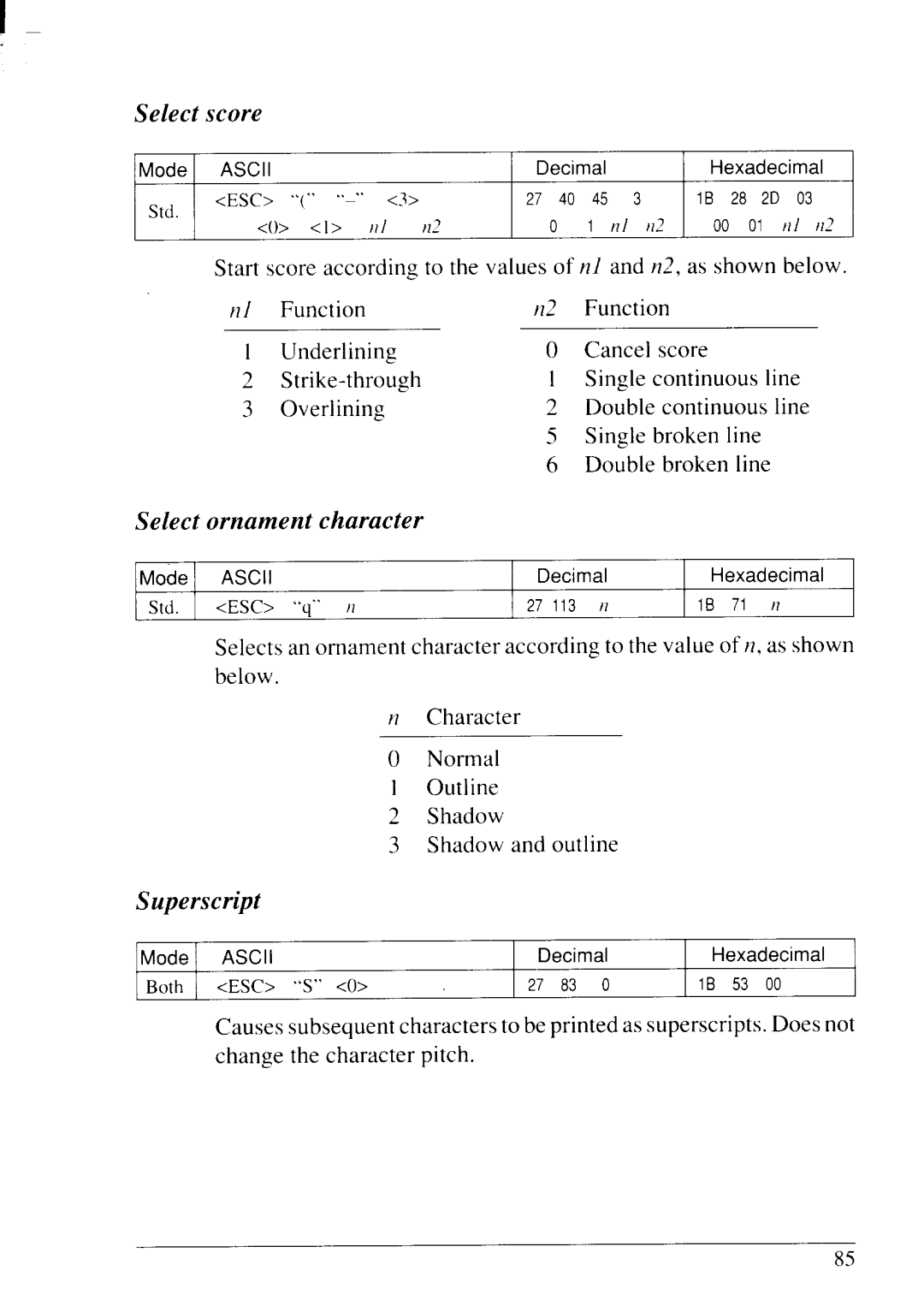 Star Micronics LC24-20 user manual Select score, Select ornament character, Superscript 