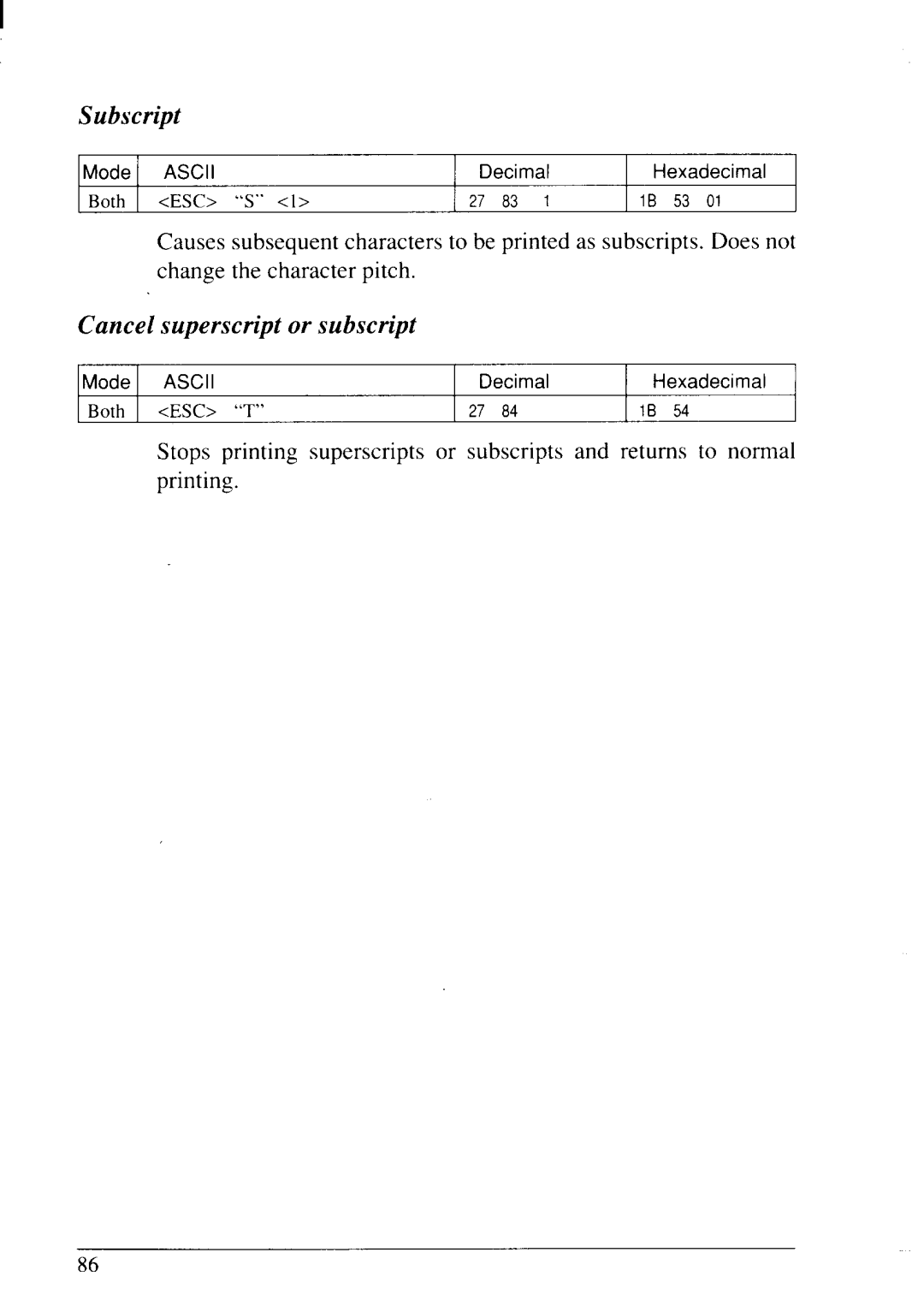 Star Micronics LC24-20 user manual Subscript, Cancel superscript or subscript 