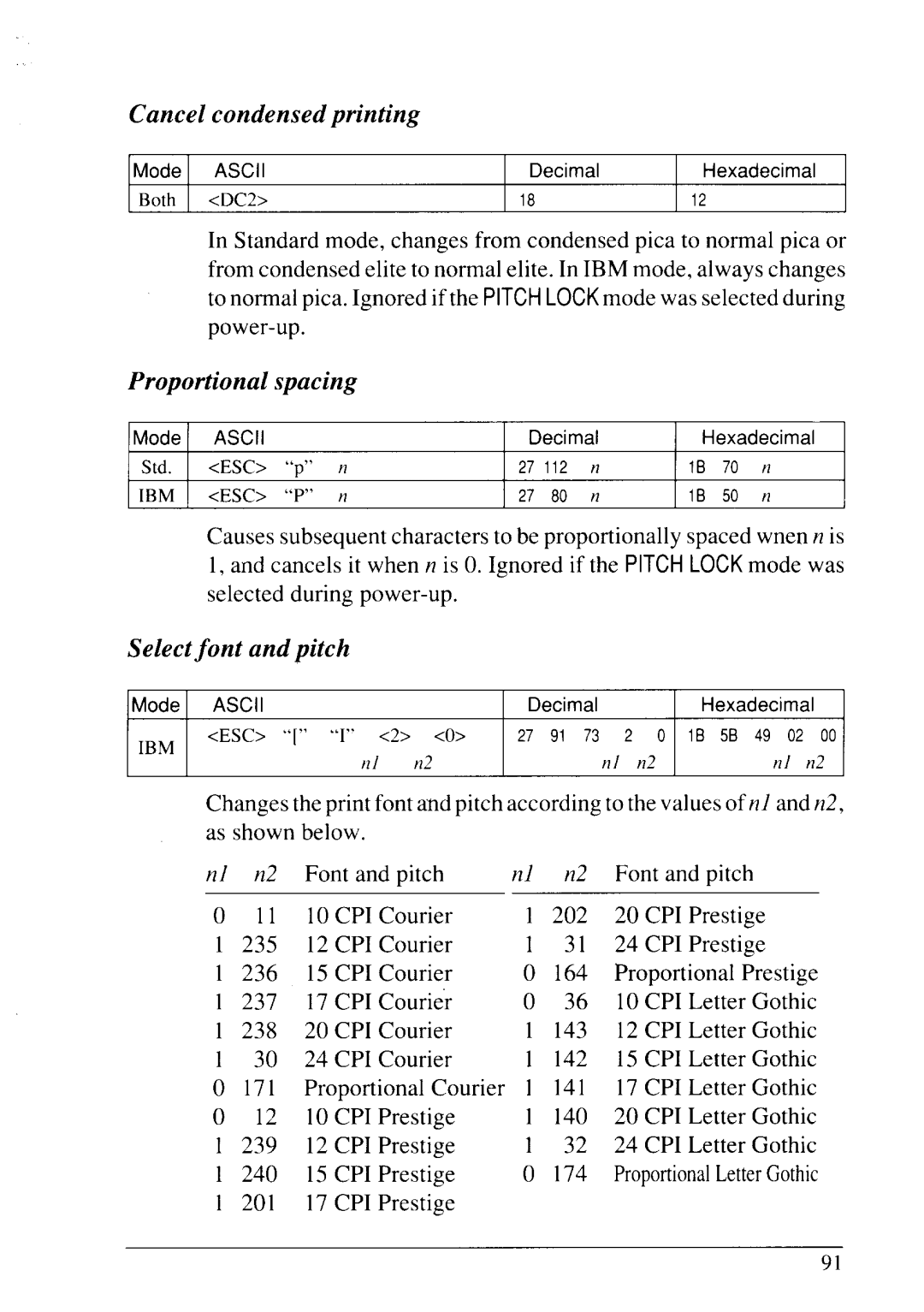 Star Micronics LC24-20 user manual Cancel condensed printing, Proportional spacing, Select font and pitch 