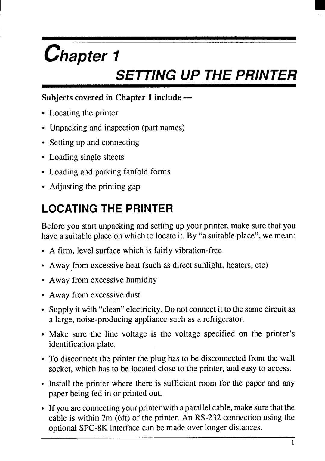 Star Micronics LC24-200 user manual Chapter, Locating the Printer 