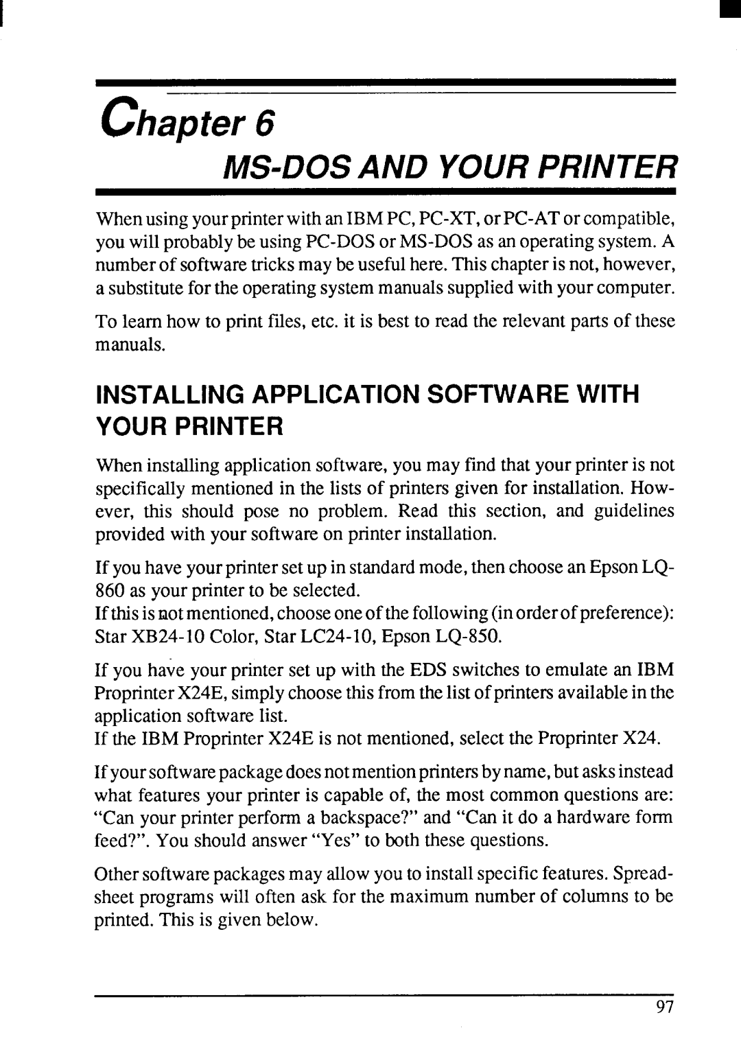 Star Micronics LC24-200 user manual MS-DOS and Your Printer, Installing Application Software with Your Printer 