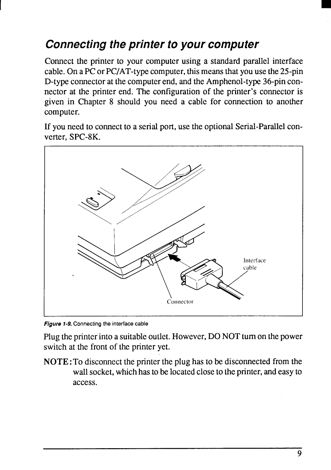 Star Micronics LC24-200 user manual Connecting the printer to your computer, Connecting the interface cable 