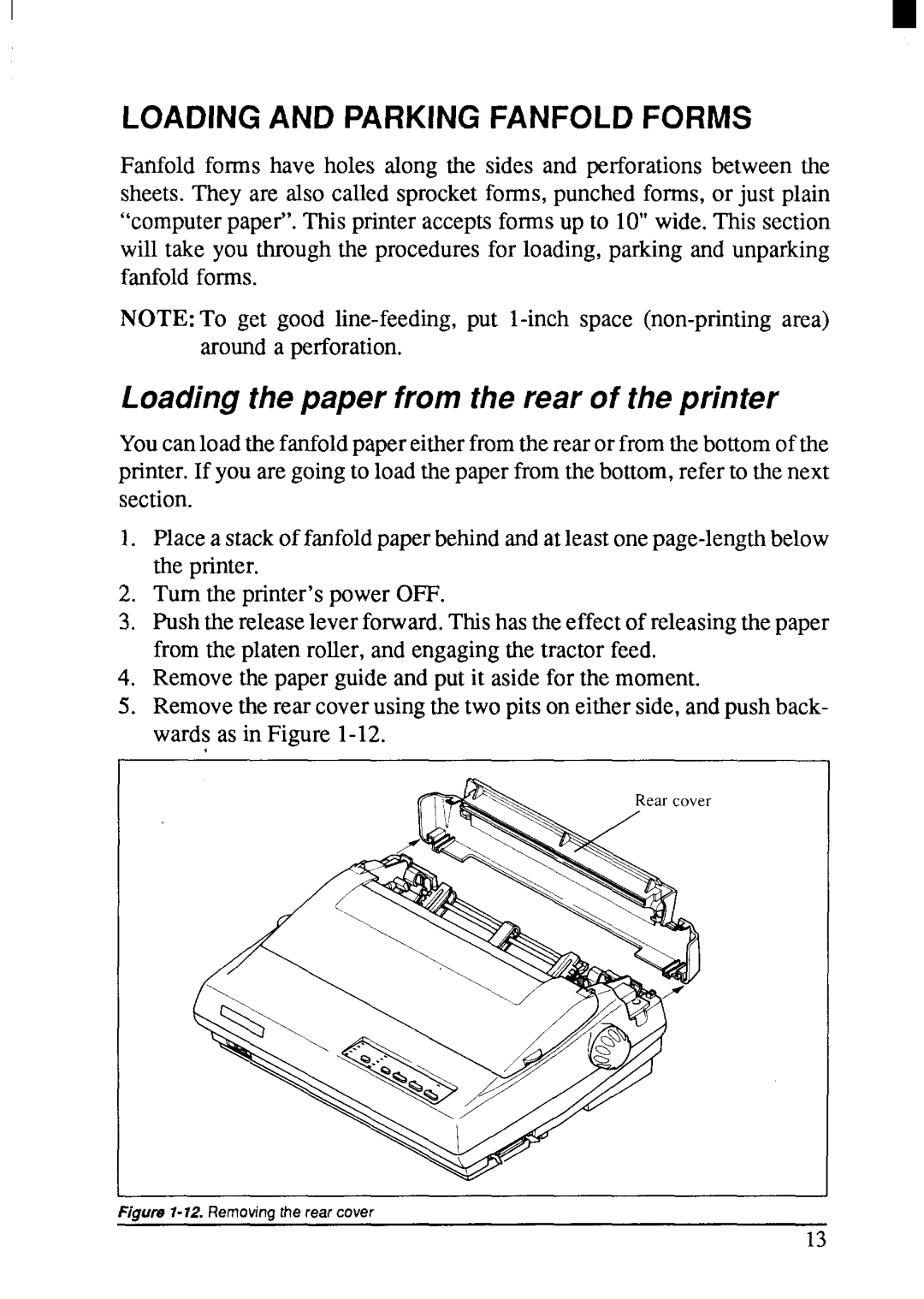 Star Micronics LC24-200 user manual Loading and Parking Fanfold Forms, Loading the paper from the rear of the printer 