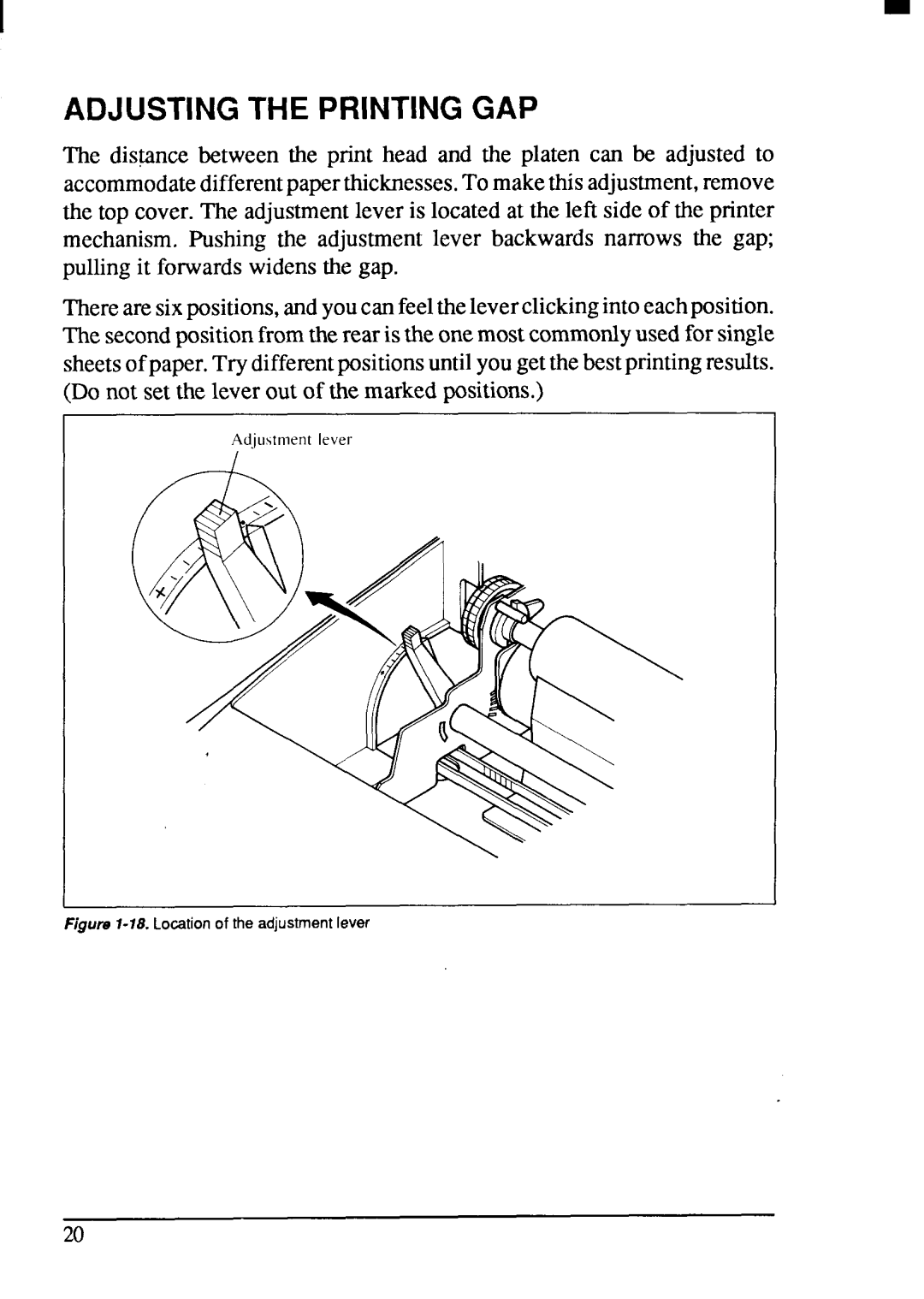 Star Micronics LC24-200 user manual Adjusting the Printing GAP, Location of the adjustment lever 