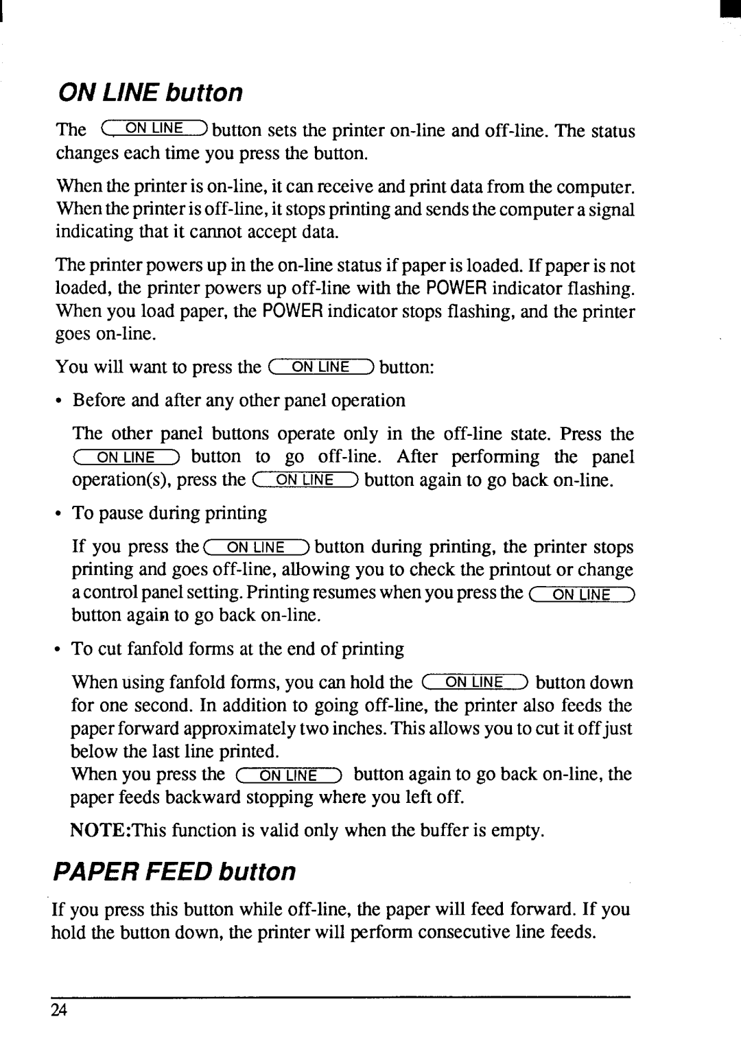 Star Micronics LC24-200 user manual Online button, Paper Feed button 
