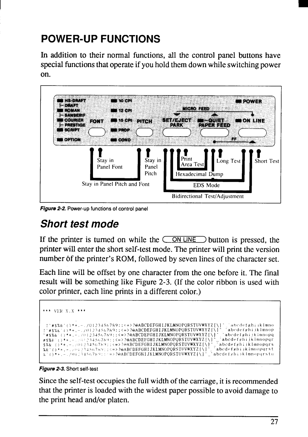 Star Micronics LC24-200 user manual POWER-UP Functions, Short self-test 