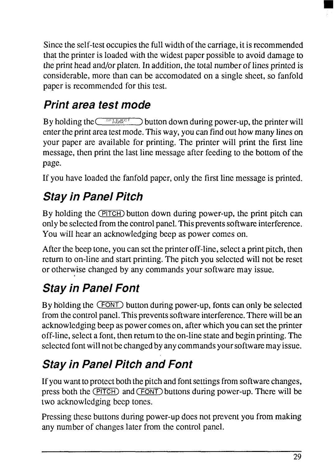 Star Micronics LC24-200 user manual Print area test mode, Stay in Panel Font, Stay in Panel Pitch and Font 