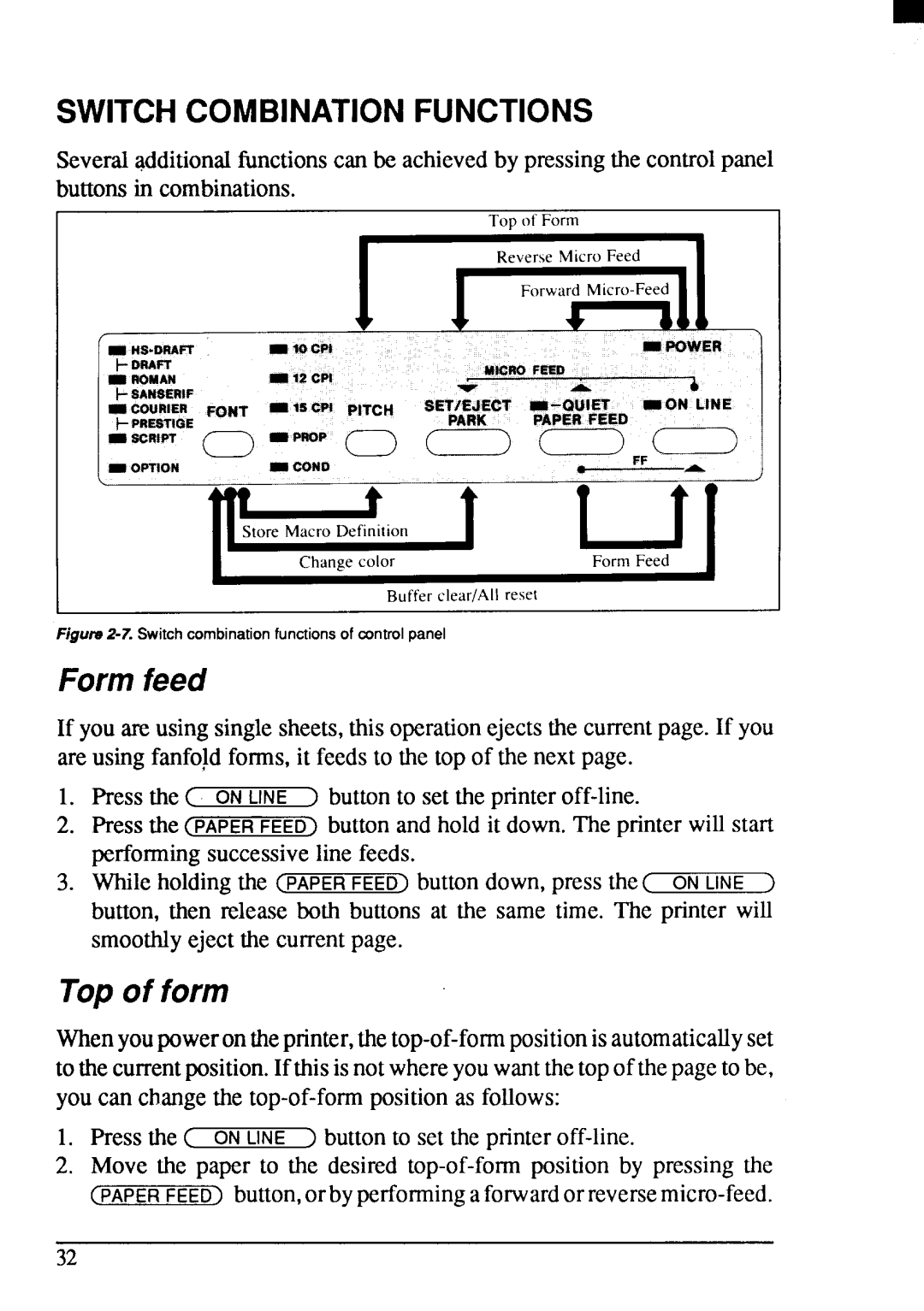 Star Micronics LC24-200 user manual Switch Combination Functions, Form feed, Top of form 