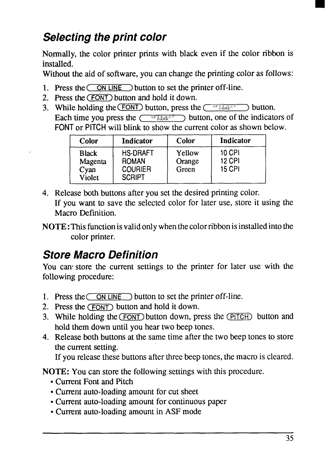 Star Micronics LC24-200 user manual Selecting the print color, Store Macro Definition 