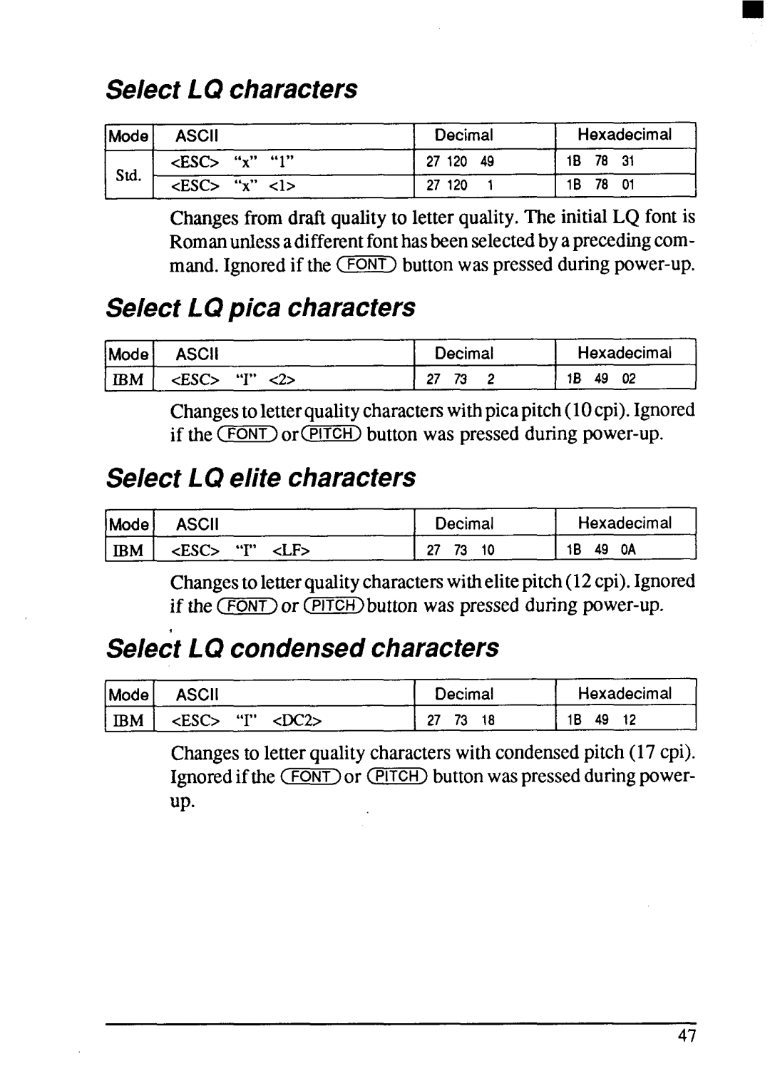 Star Micronics LC24-200 user manual Select LQ characters, Select LQ pica characters, Select LQ elite characters 