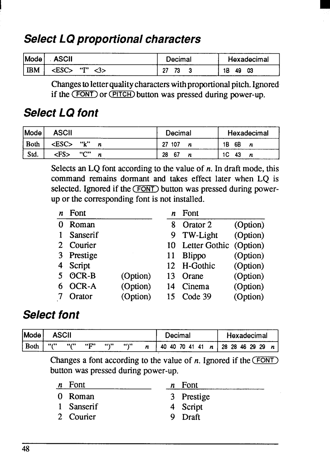 Star Micronics LC24-200 user manual Select LQ proportional characters, Select LQ font, Select font 