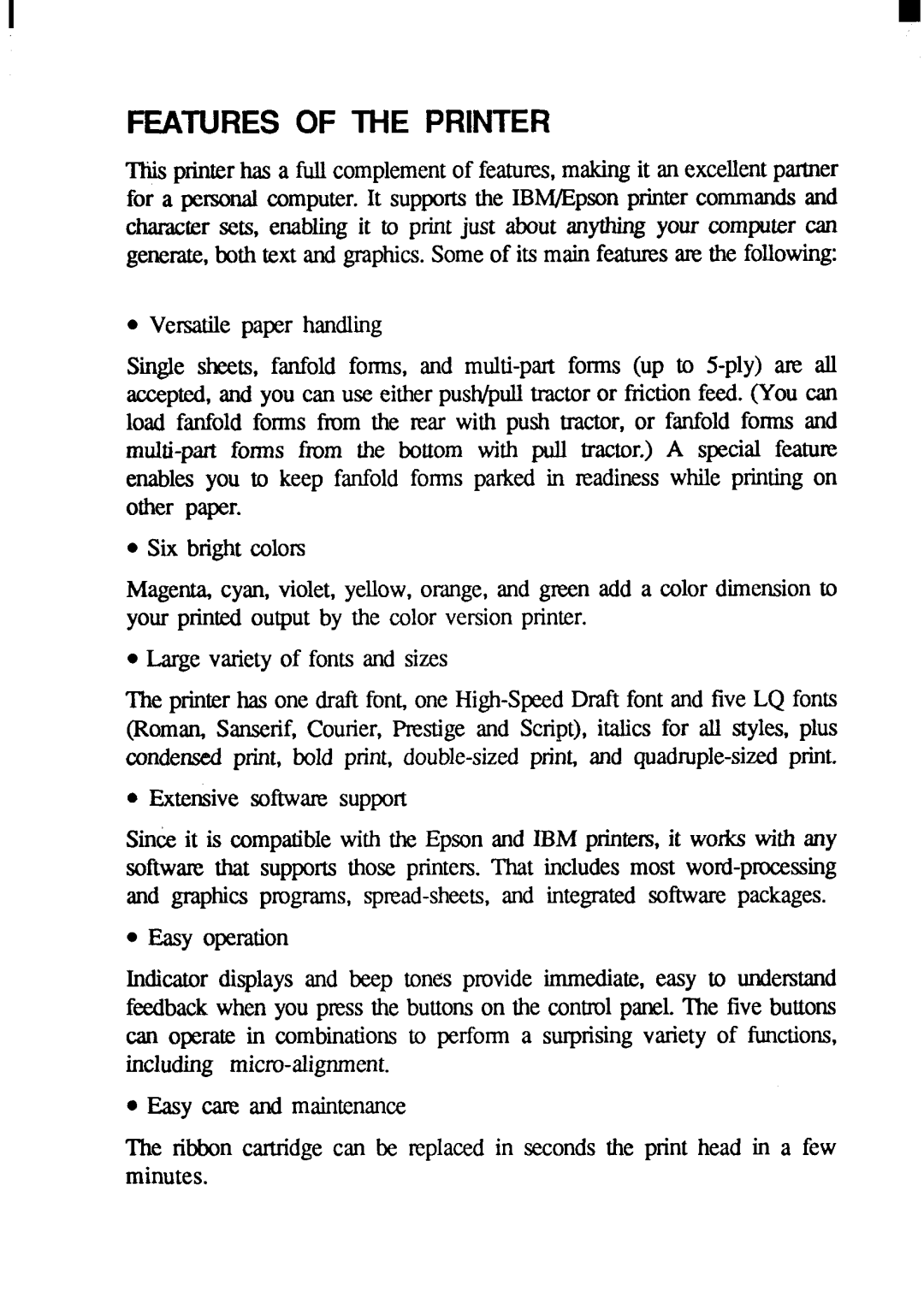 Star Micronics LC24-200 user manual Features of the Printer 