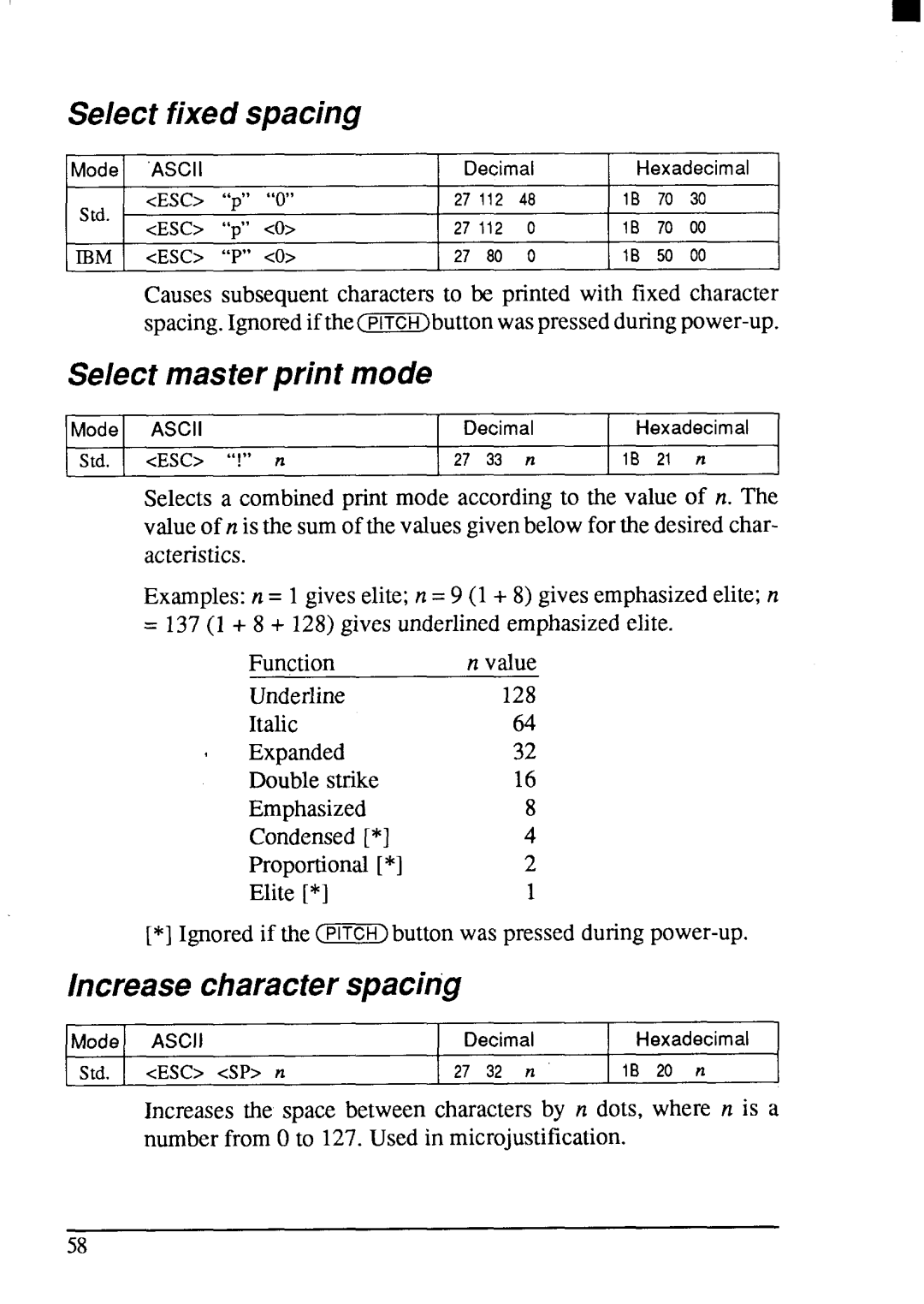 Star Micronics LC24-200 user manual Select fixed spacing, Select master print mode, Increase character spacing 