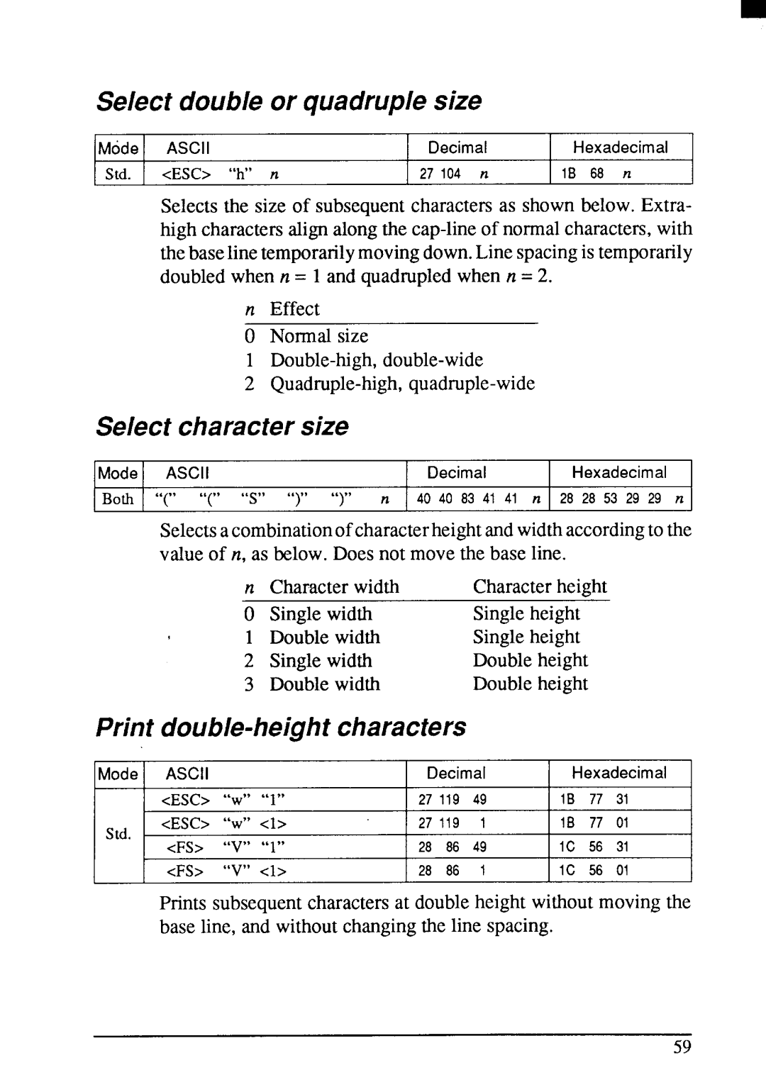 Star Micronics LC24-200 user manual Select double or quadruple size, Select character size 