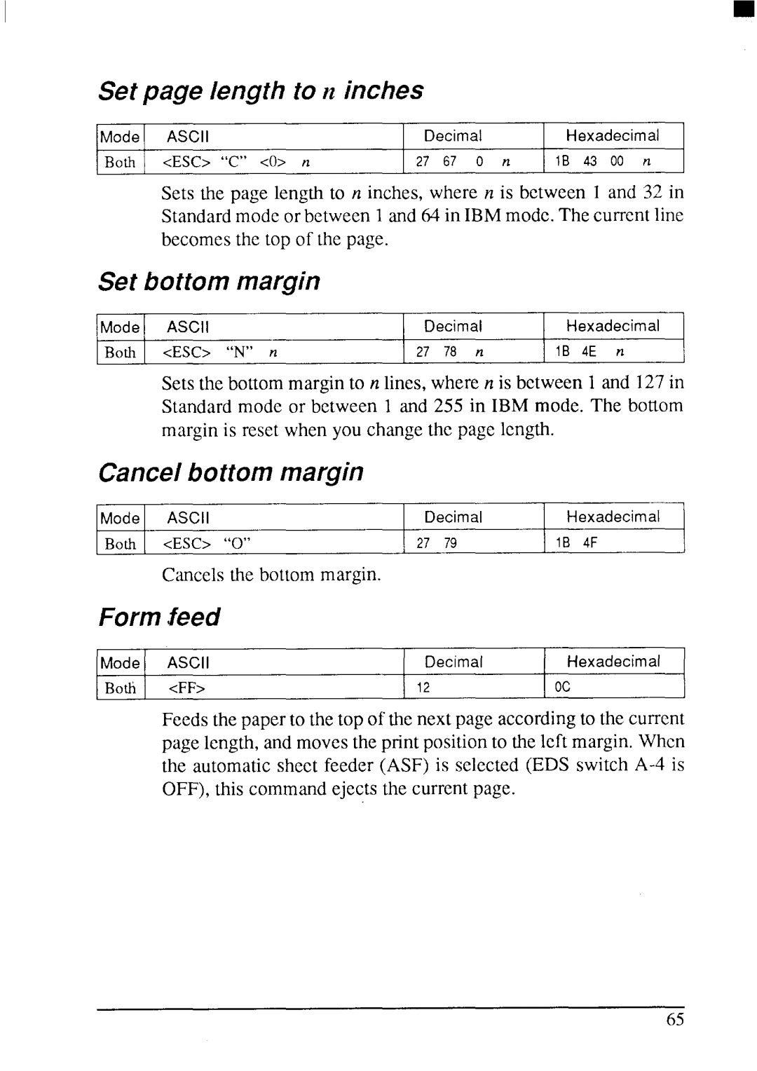 Star Micronics LC24-200 user manual Set page length to ~ inches, Set bottom margin, Cancel bottom margin 