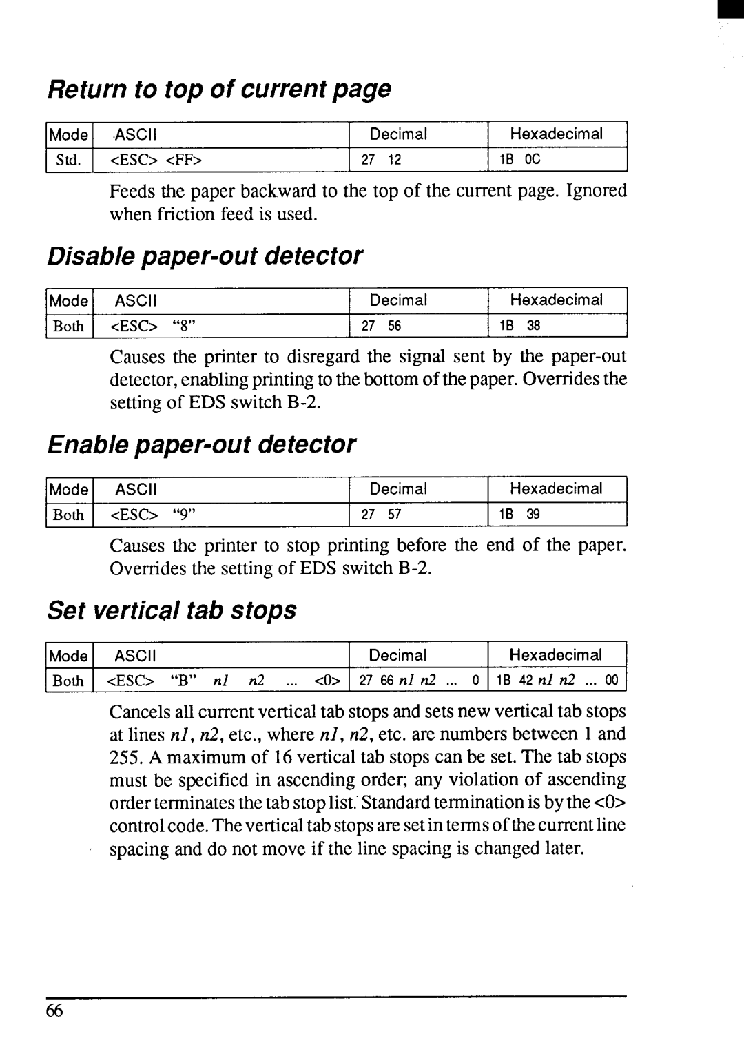 Star Micronics LC24-200 user manual Return to top of current, Disable paper-out detector, Enable paper-out detector 