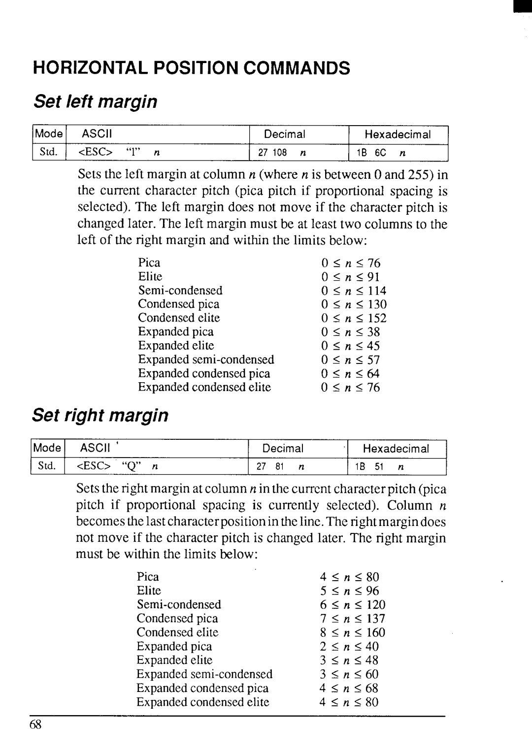 Star Micronics LC24-200 user manual Horizontal Position Commands, Set left margin, Set right margin 