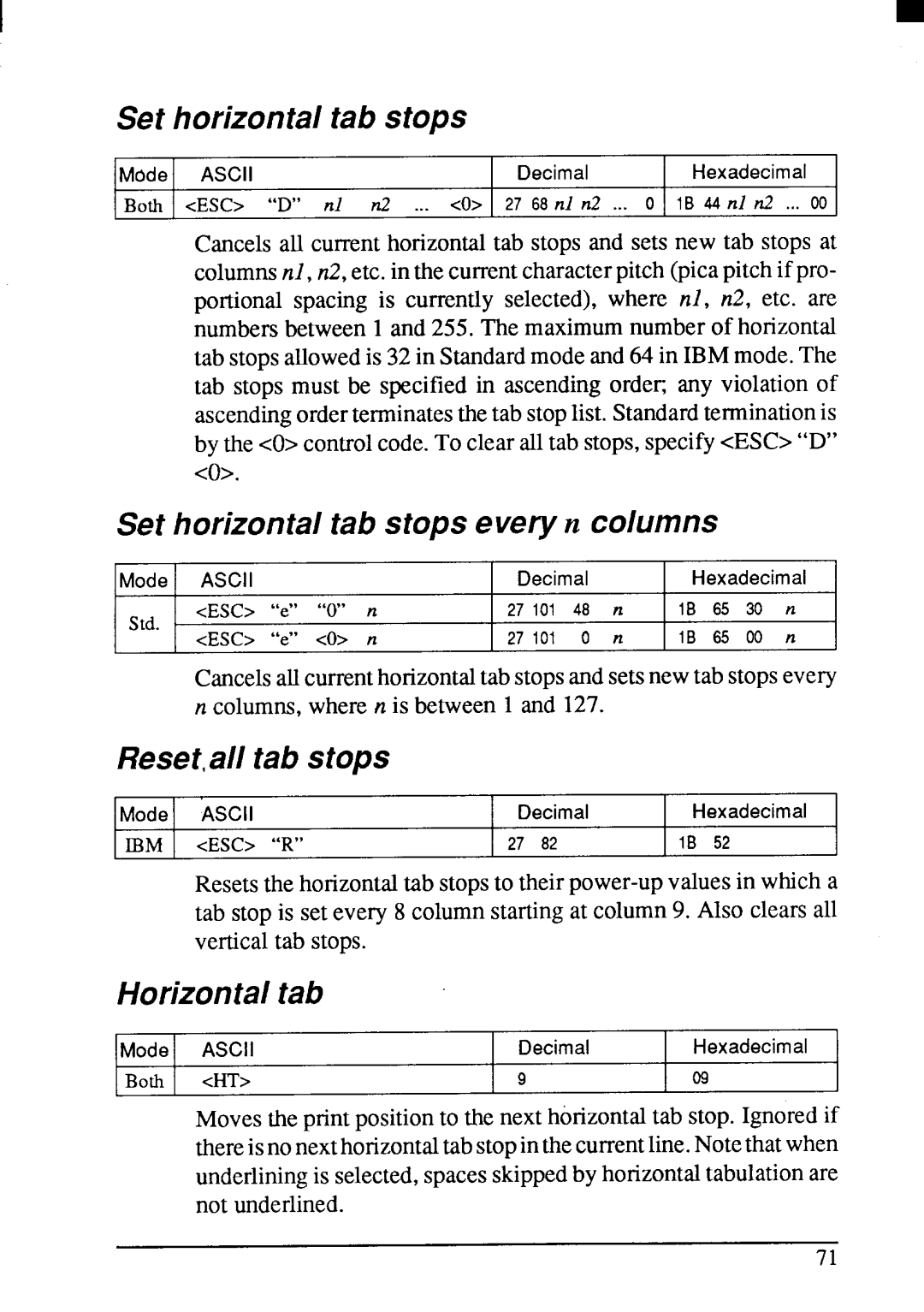 Star Micronics LC24-200 user manual Set horizontal tab stops every n columns, Reset,all tab stops, Horizontal tab 