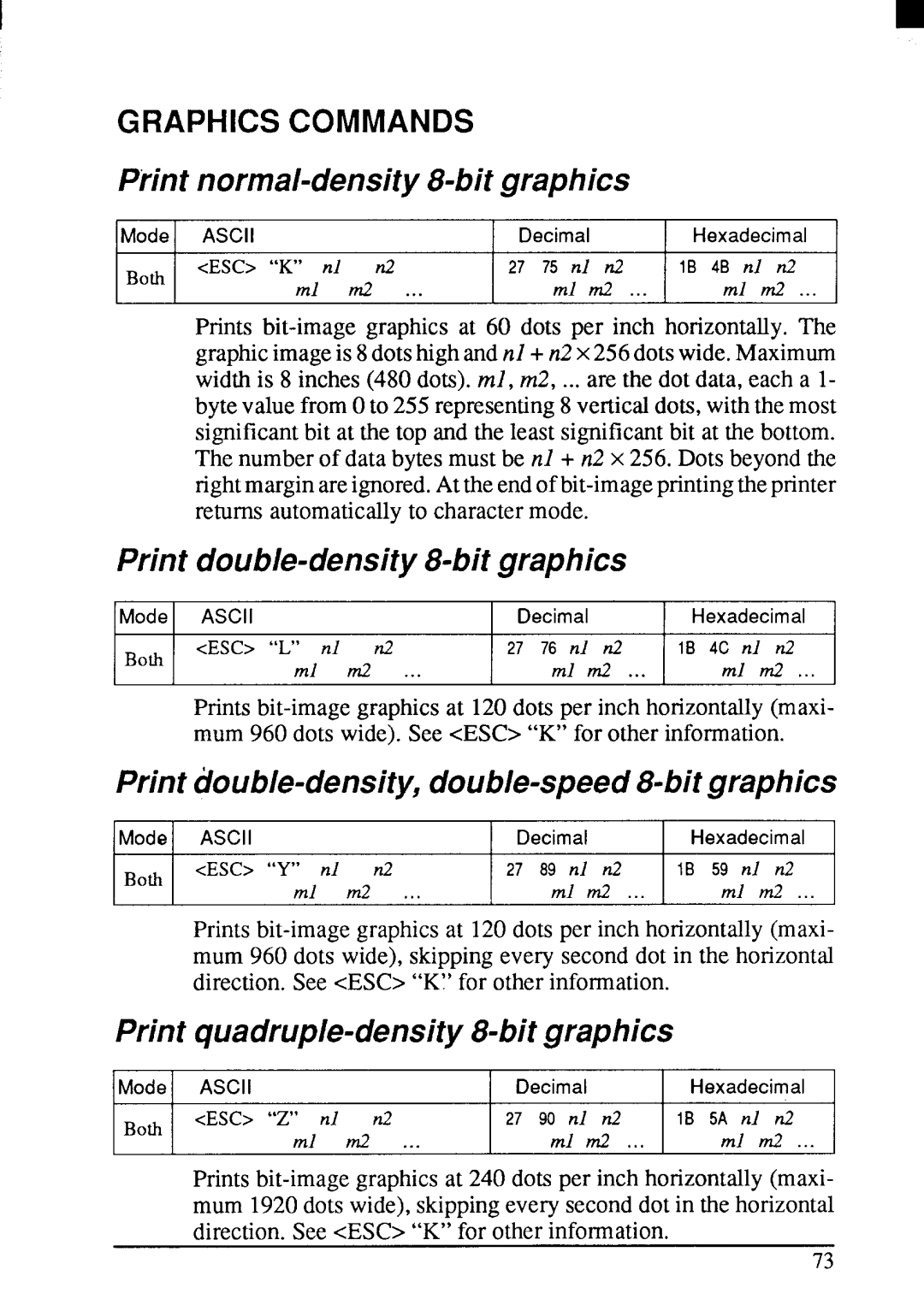 Star Micronics LC24-200 Graphics Commands, Print normal-density 8-bit graphics, Print double-density 8-bit graphics 