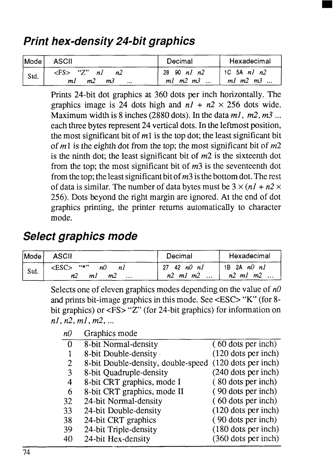 Star Micronics LC24-200 user manual Print hex-density 24-bit graphics, Select graphics mode 