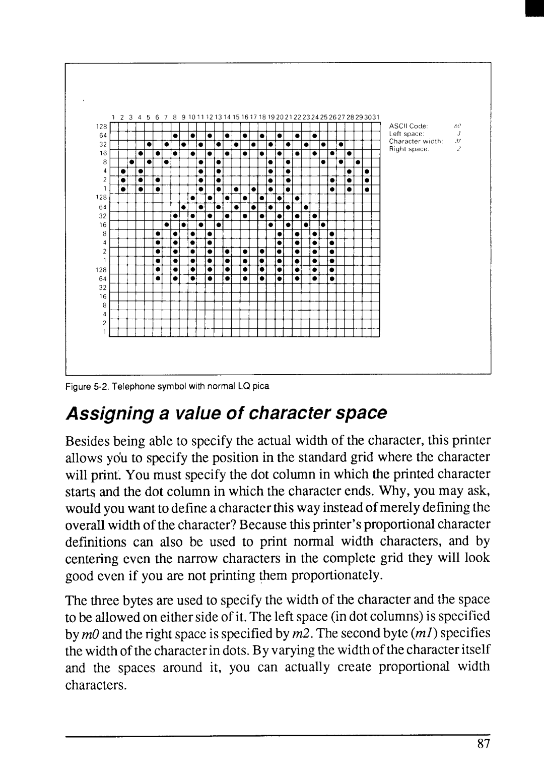 Star Micronics LC24-200 user manual Assigning a value of character space, Telephone symbol with normal LQ pica 