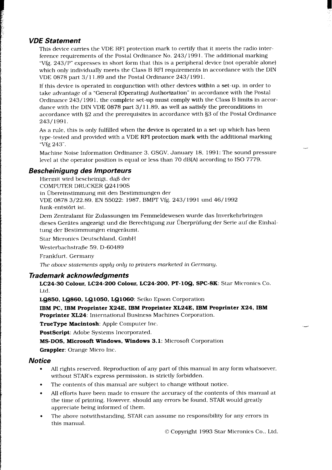 Star Micronics LC24-30 user manual VDE Statement, Bescheinigung des lmporteurs, Trademark acknowledgments 
