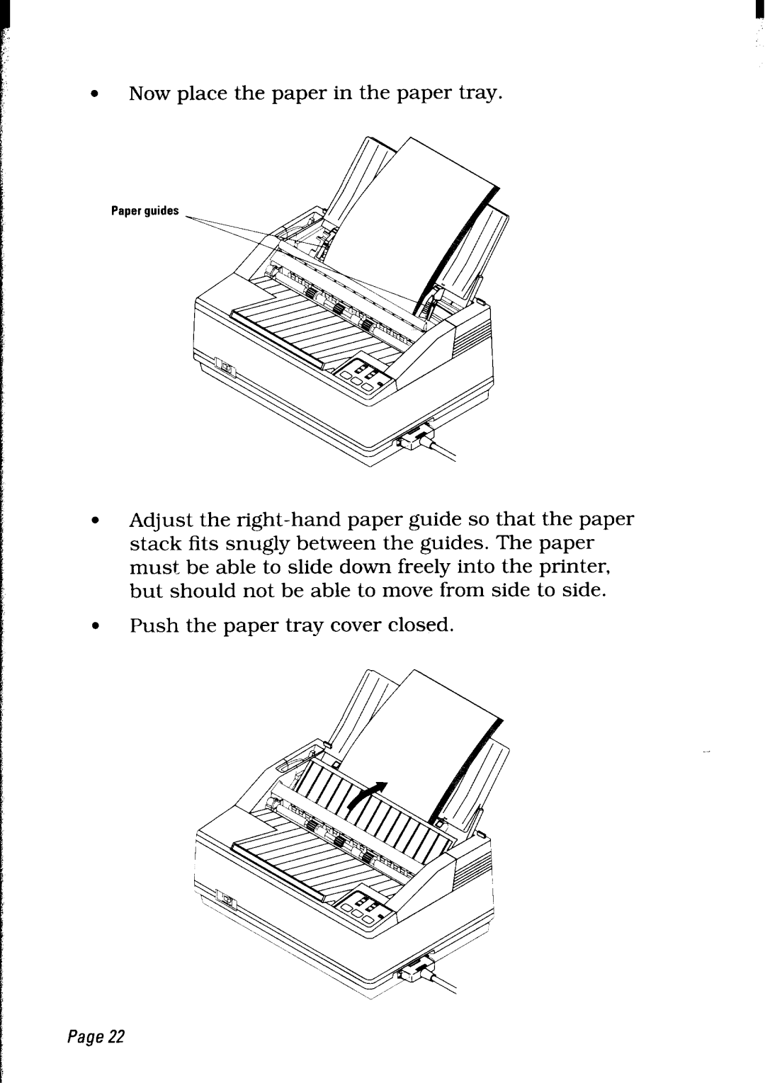 Star Micronics LC24-30 Now place the paper in the paper tray, Push the paper tray cover closed, Page, Paper guides 