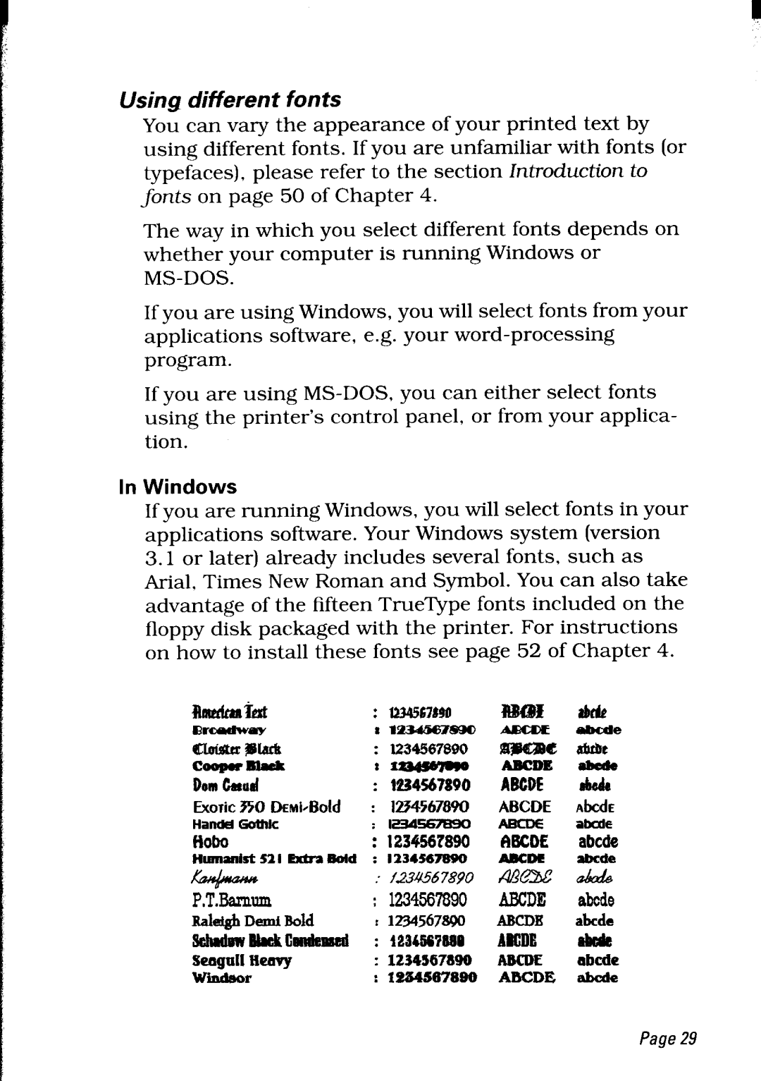 Star Micronics LC24-30 user manual Using different fonts, 1234!567890 ABCDE, In Windows, 2ch6dm8lackc, mlgnll, Heavy 
