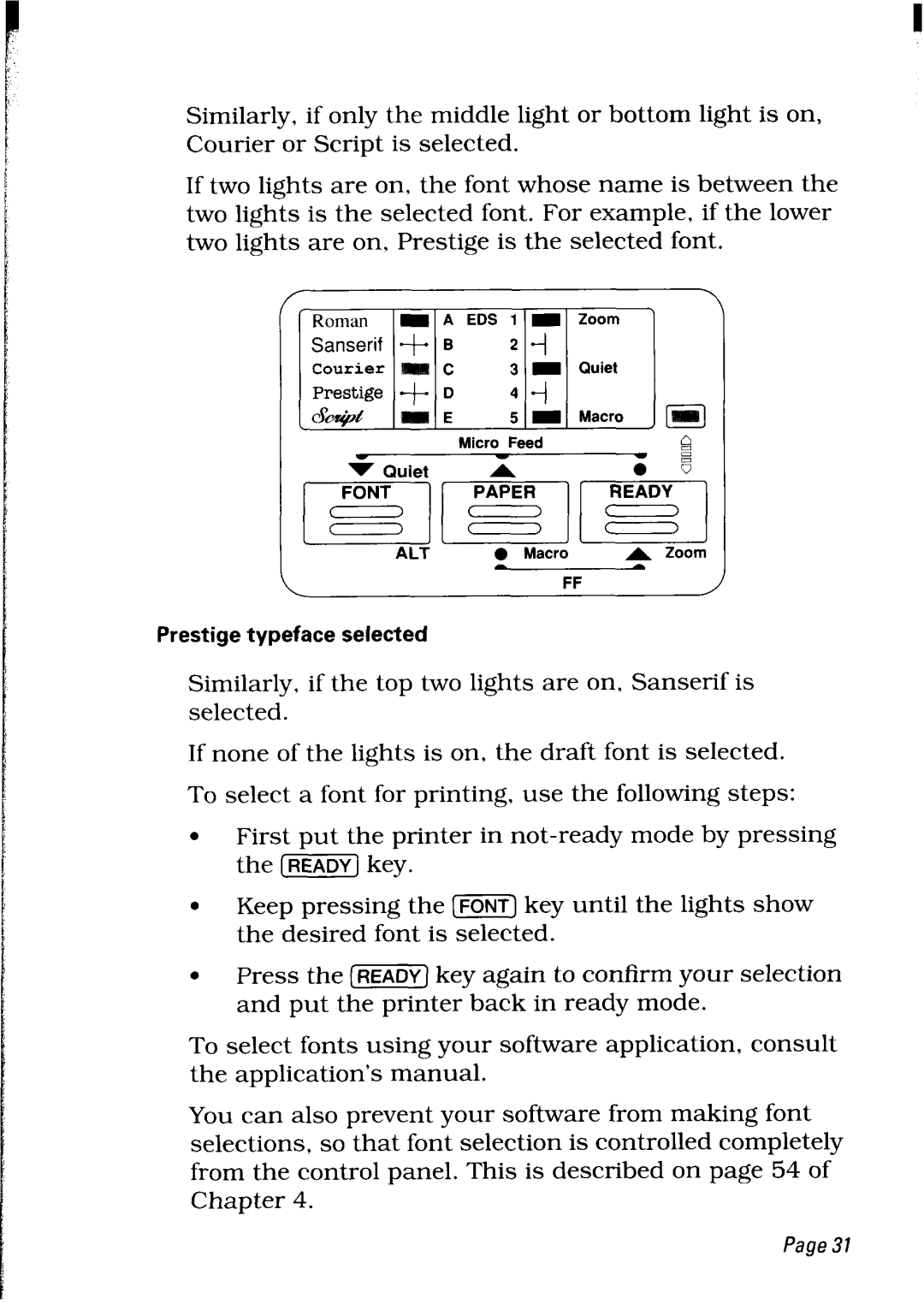 Star Micronics LC24-30 user manual Similarly, if the top two lights are on, Sanserif is selected 