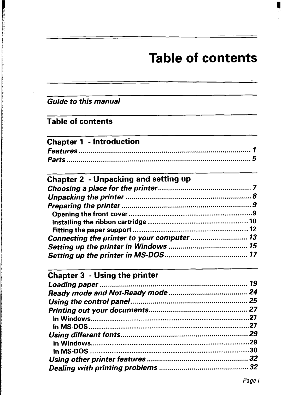 Star Micronics LC24-30 user manual Table of contents, Chapter, Unpacking and setting up, Using the printer 