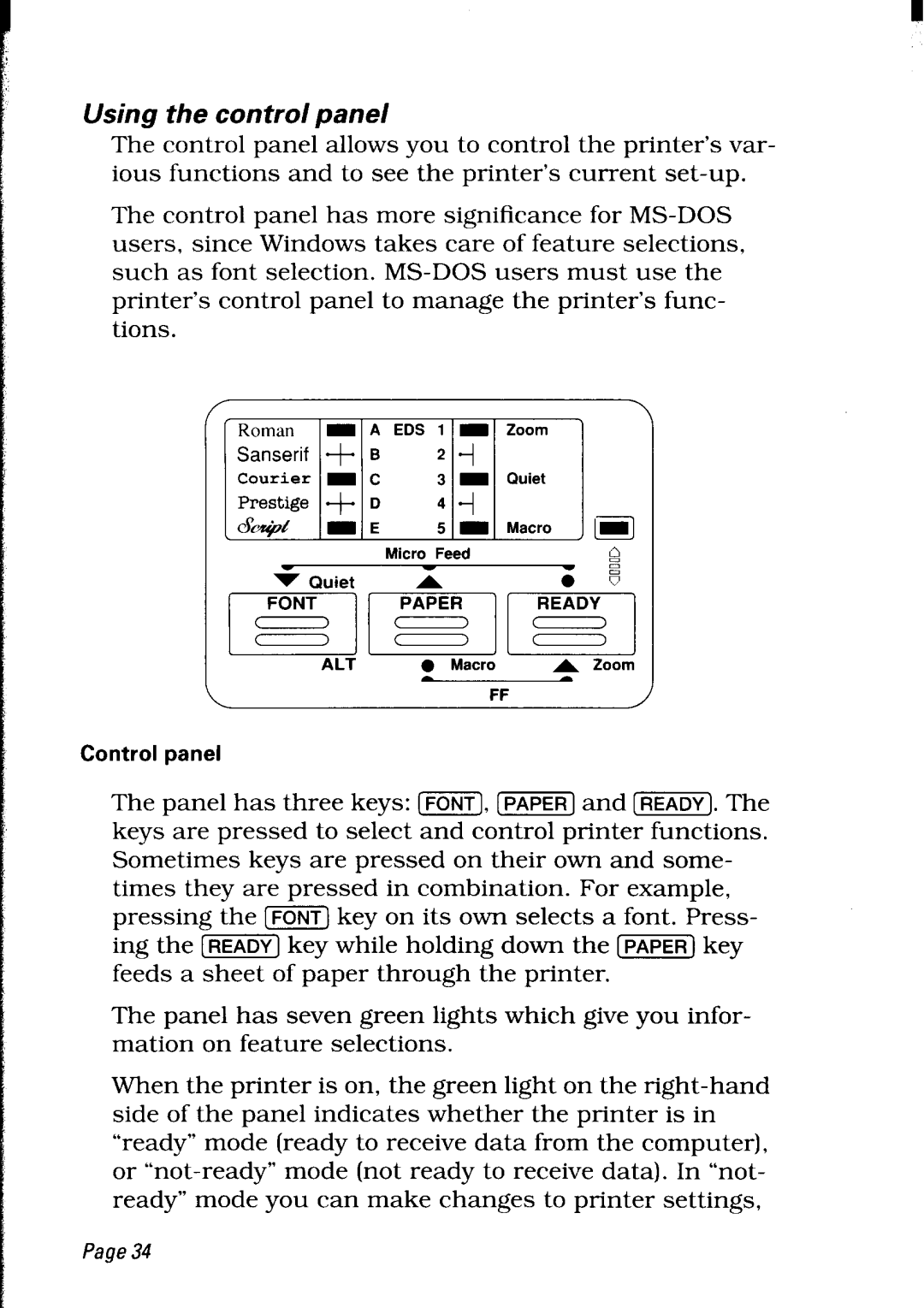 Star Micronics LC24-30 user manual Using the control panel, Control panel 