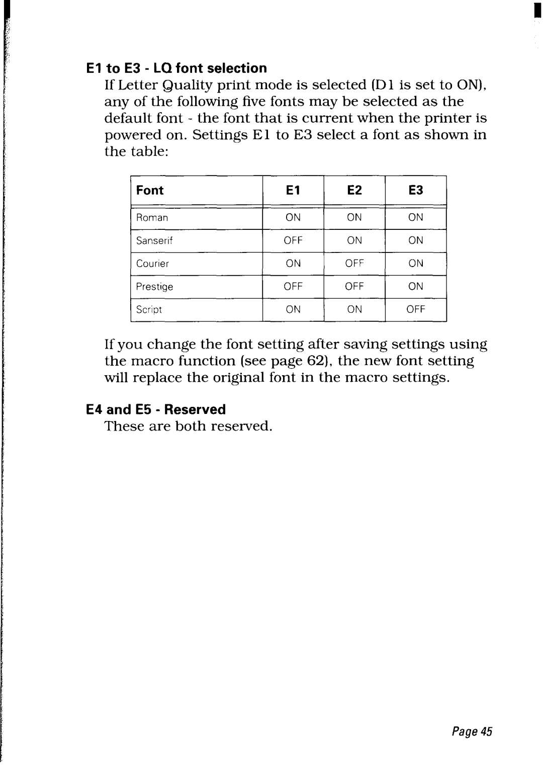 Star Micronics LC24-30 user manual El to E3 - LQ font selection, Font, E4 and E5 - Reserved 