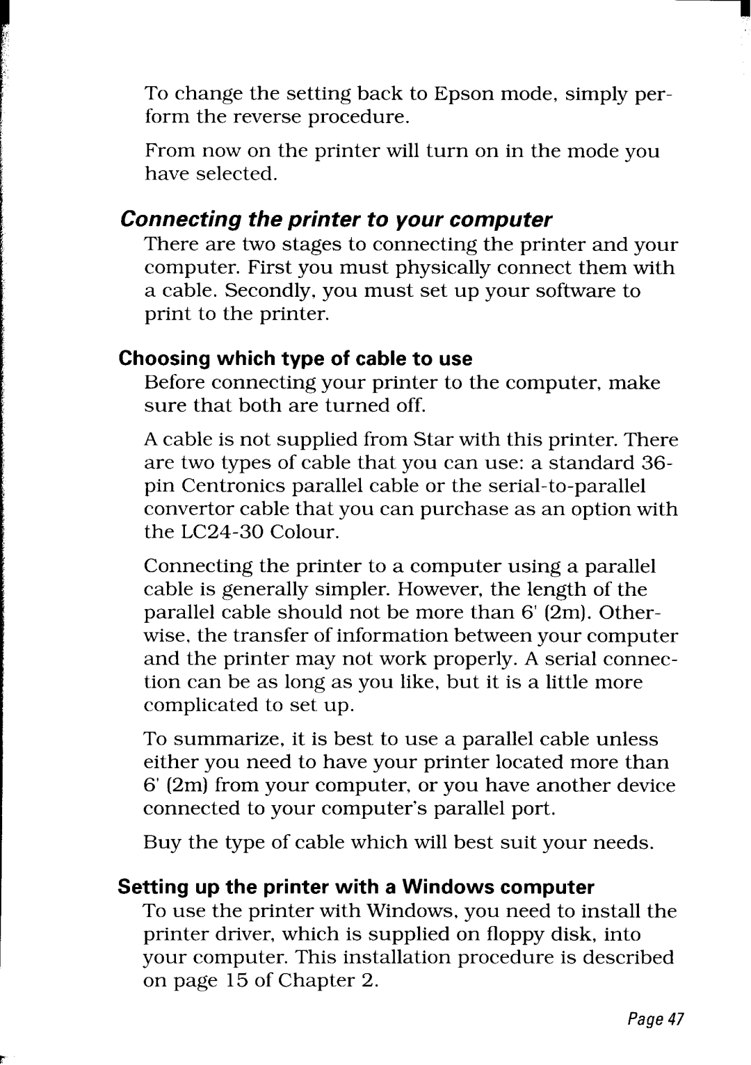 Star Micronics LC24-30 user manual Choosing which type of cable to use, Setting up the printer with a Windows computer 
