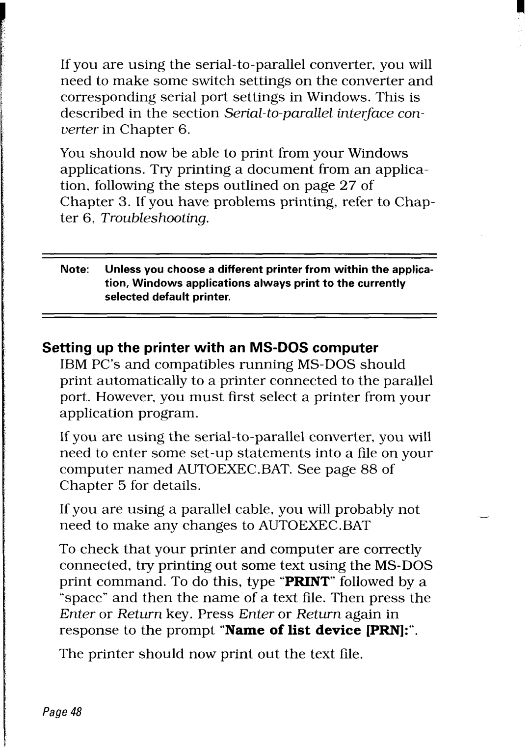 Star Micronics LC24-30 user manual Setting up the printer with an MS-DOS computer 