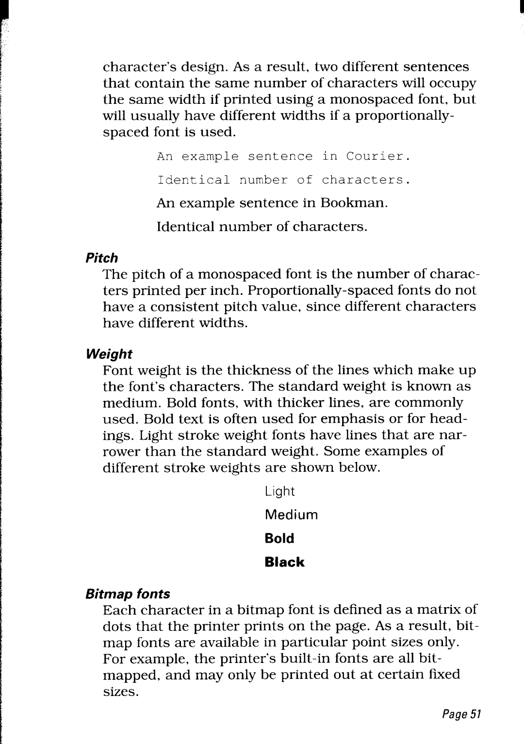 Star Micronics LC24-30 user manual Bold Black, Pitch, Weight, Bitmap fonts 