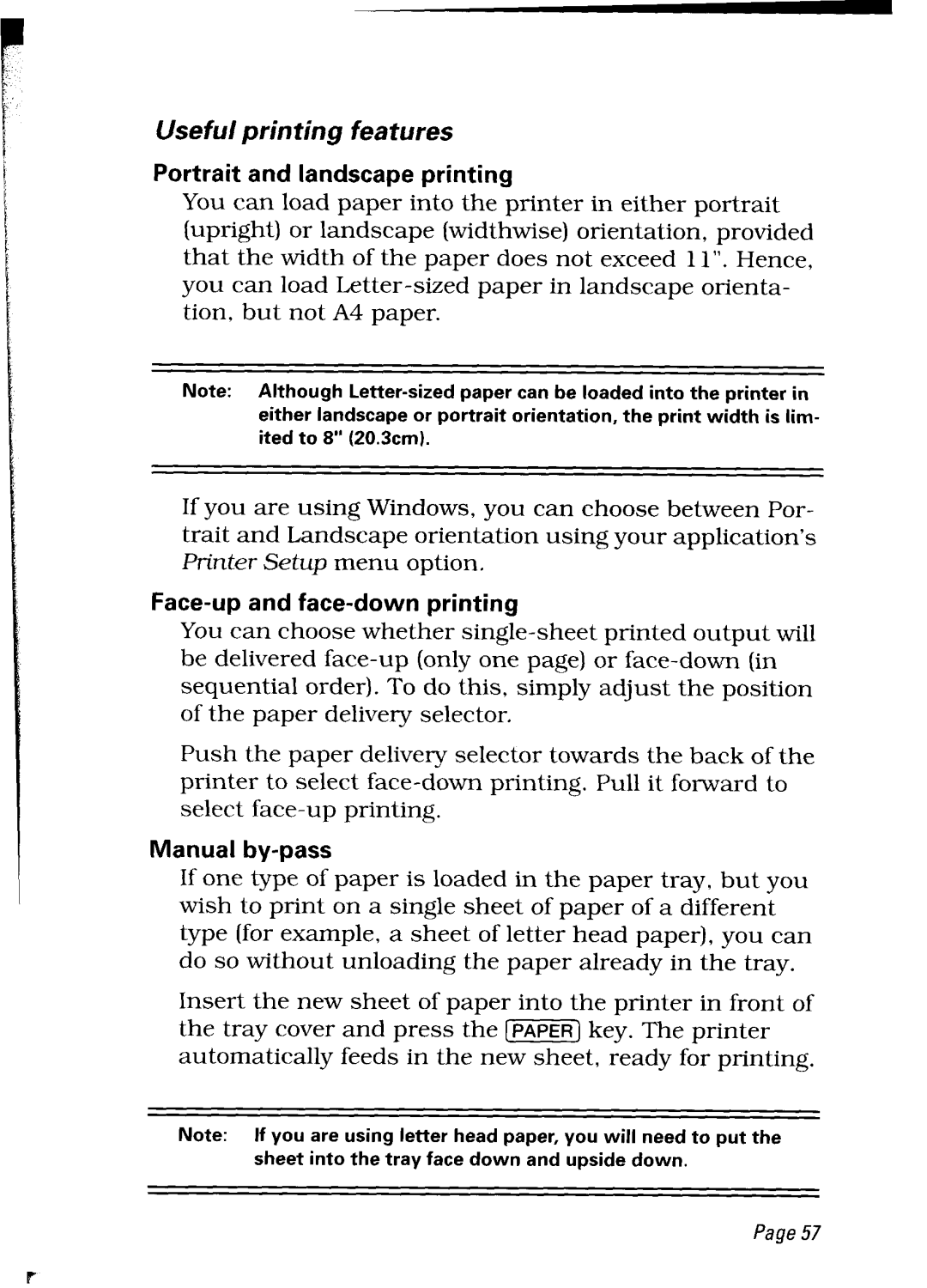 Star Micronics LC24-30 user manual Portrait and landscape printing, Face-up and face-down printing, Manual by-pass 