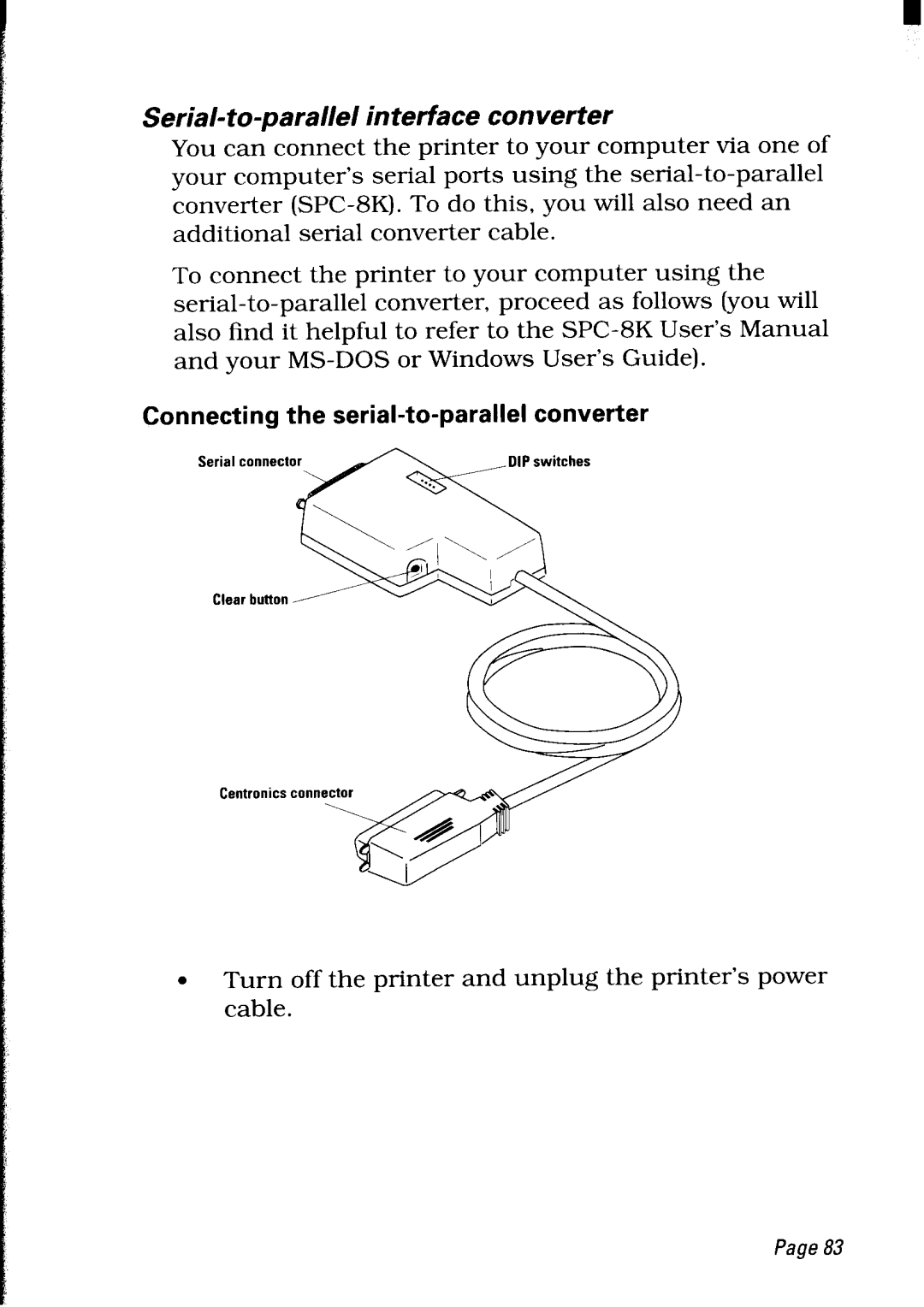Star Micronics LC24-30 user manual Serial- to-parallel interface converter, Connecting the serial-to-parallel converter 