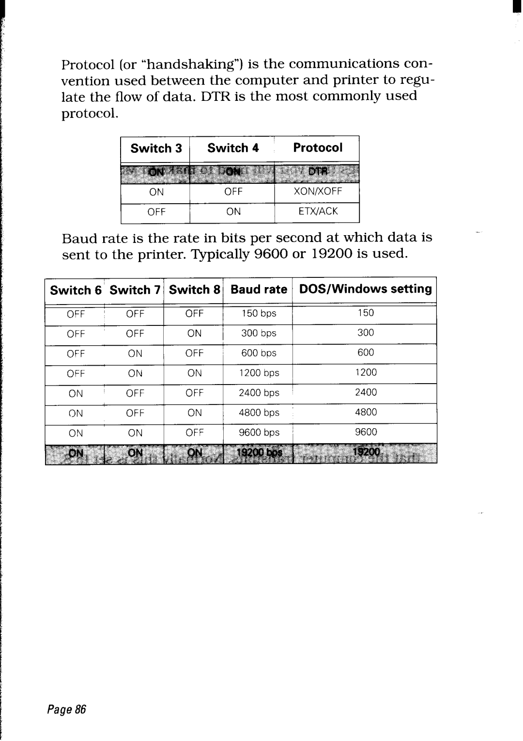 Star Micronics LC24-30 user manual Switch 3 1 Switch, Protocol, Switch 6 Switch 7 Switch 8 Baud rate DOS/Windows setting 