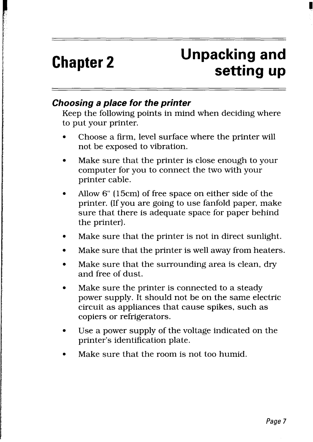 Star Micronics LC24-30 user manual Setting up, Choosing a place for the printer 