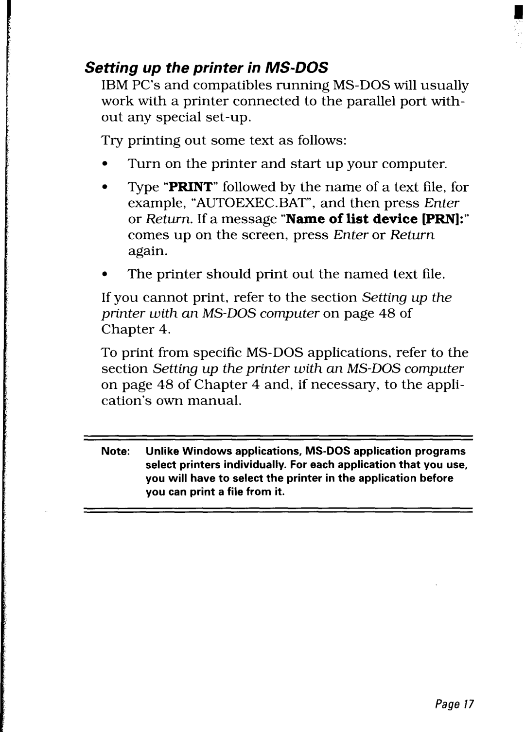 Star Micronics LC24-30 user manual Setting up the printer in MS-DOS 