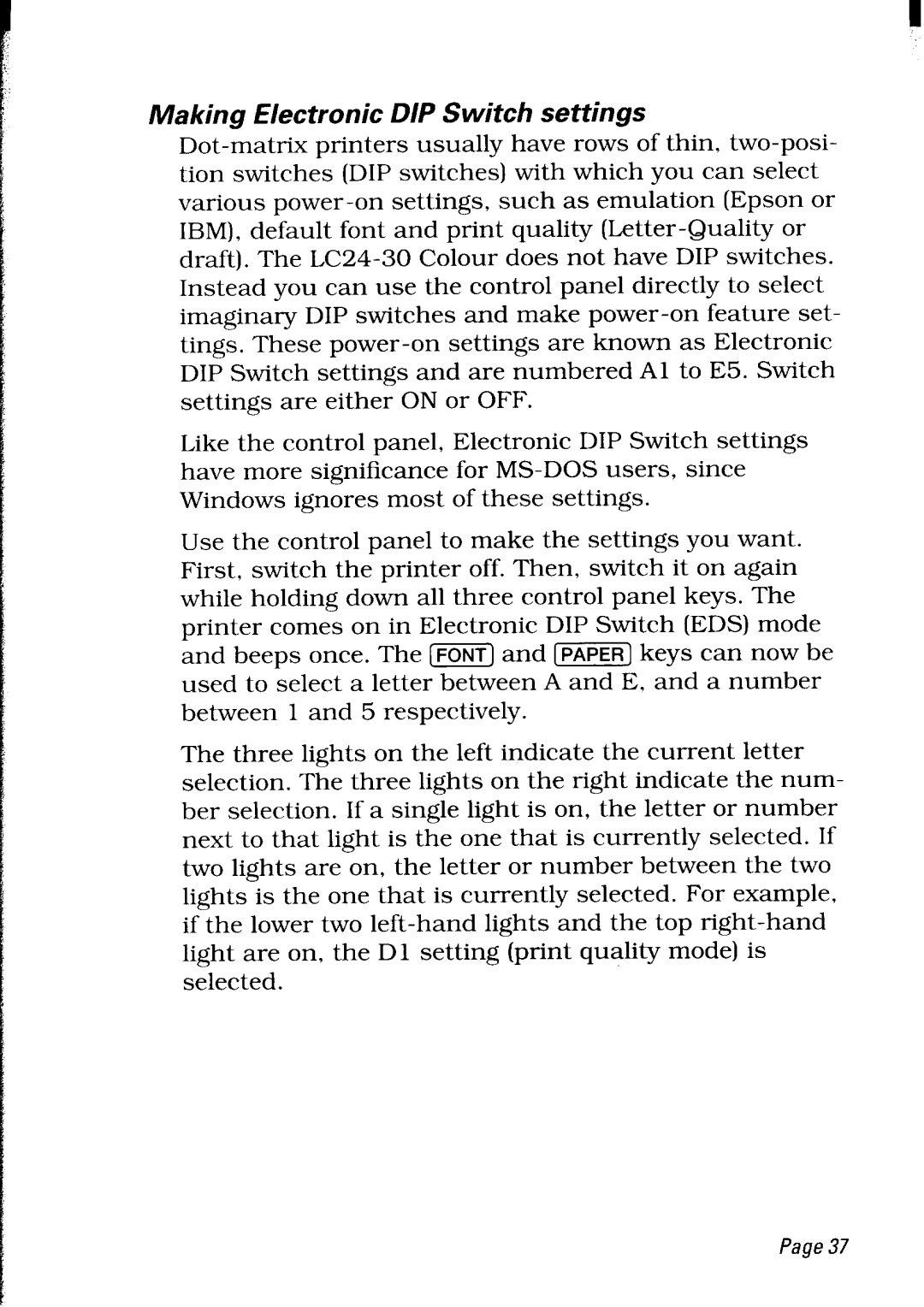 Star Micronics LC24-30 user manual Making Electronic DIP Switch settings 