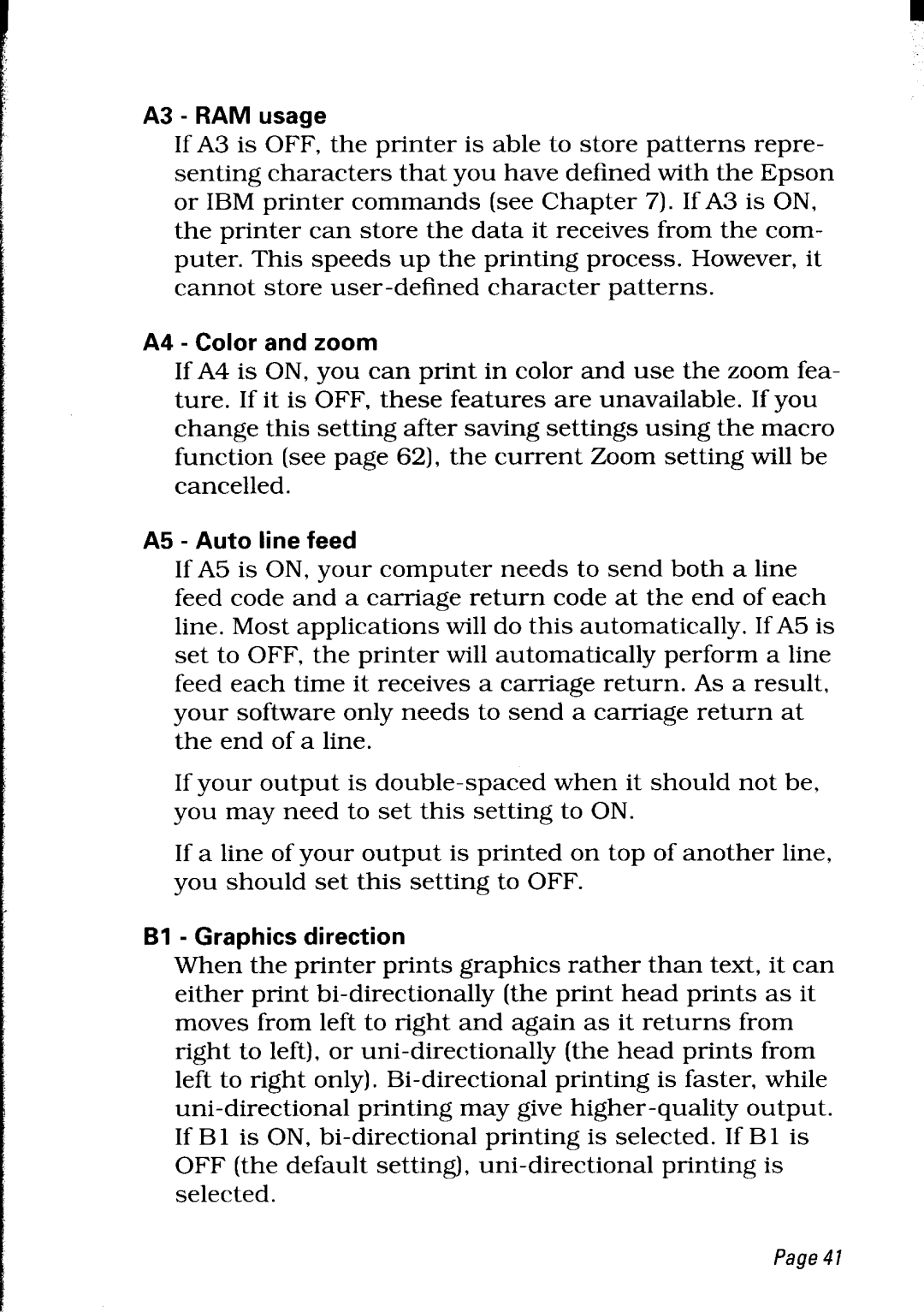 Star Micronics LC24-30 user manual A3 RAM usage, A4 Color and zoom, A5 Auto line feed, Bl Graphics direction 