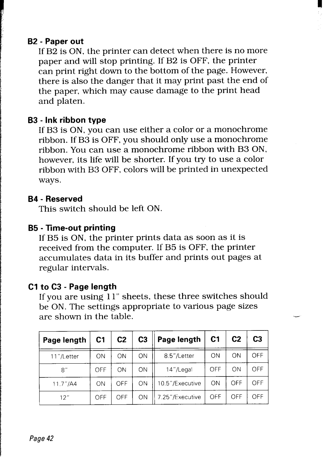 Star Micronics LC24-30 user manual B2 Paper out, B3 Ink ribbon type B4 Reserved, B5 Time-out printing, Cl to C3 Page length 