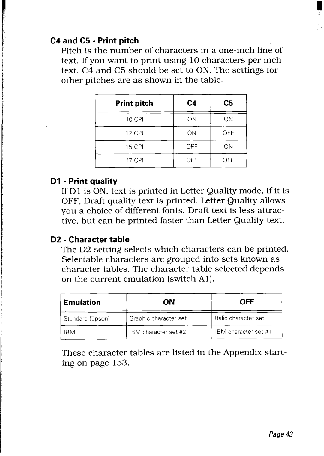 Star Micronics LC24-30 user manual C4 and C5 Print pitch, Dl Print quality D2 Character table, Emulation 